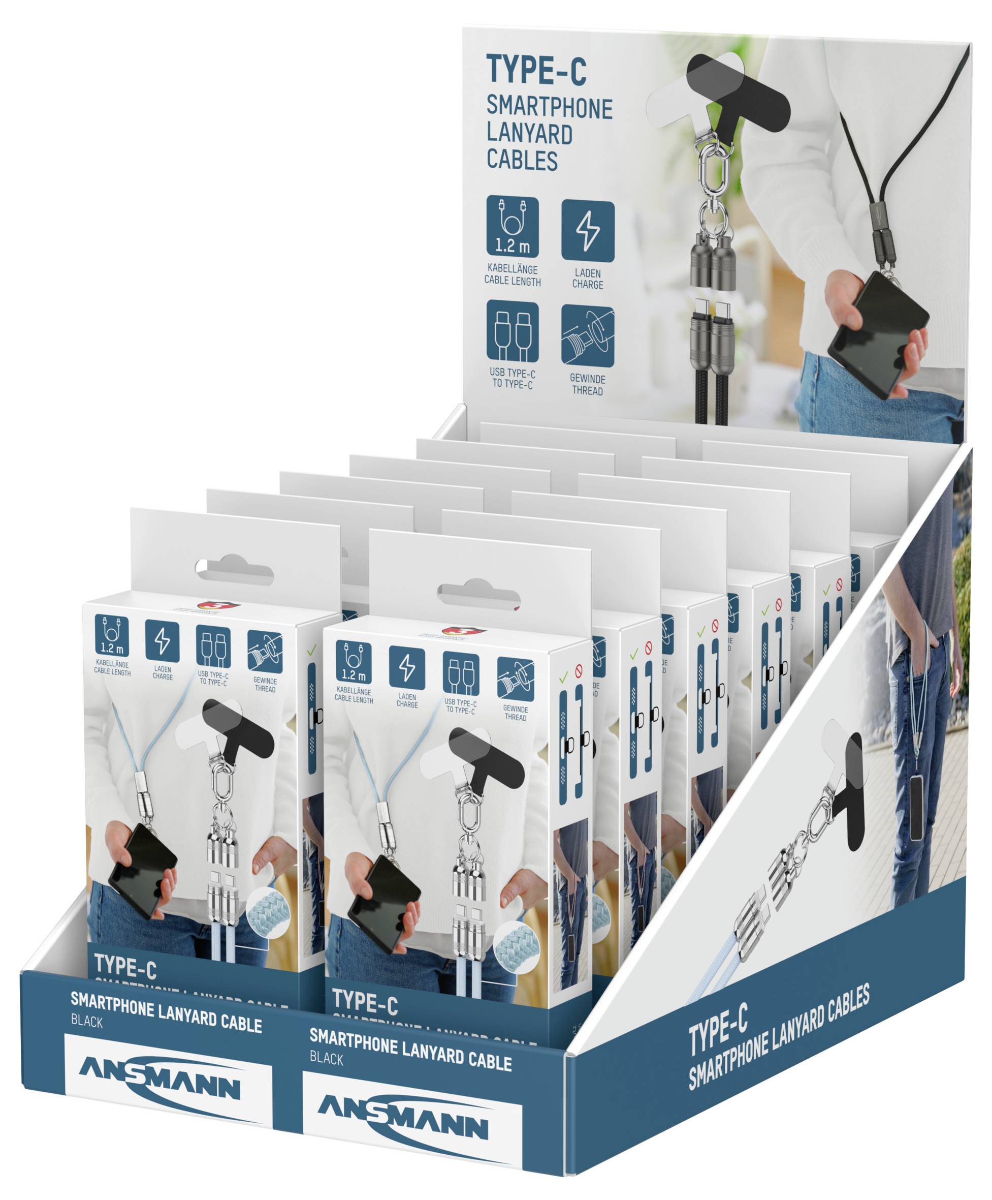 Darstellung von Ansmann Typ-C Smartphone-Ladekabeln in Einzelhandelsverpackung auf einem Regal, wobei Eigenschaften wie schnelles Laden und Langlebigkeit präsentiert werden.