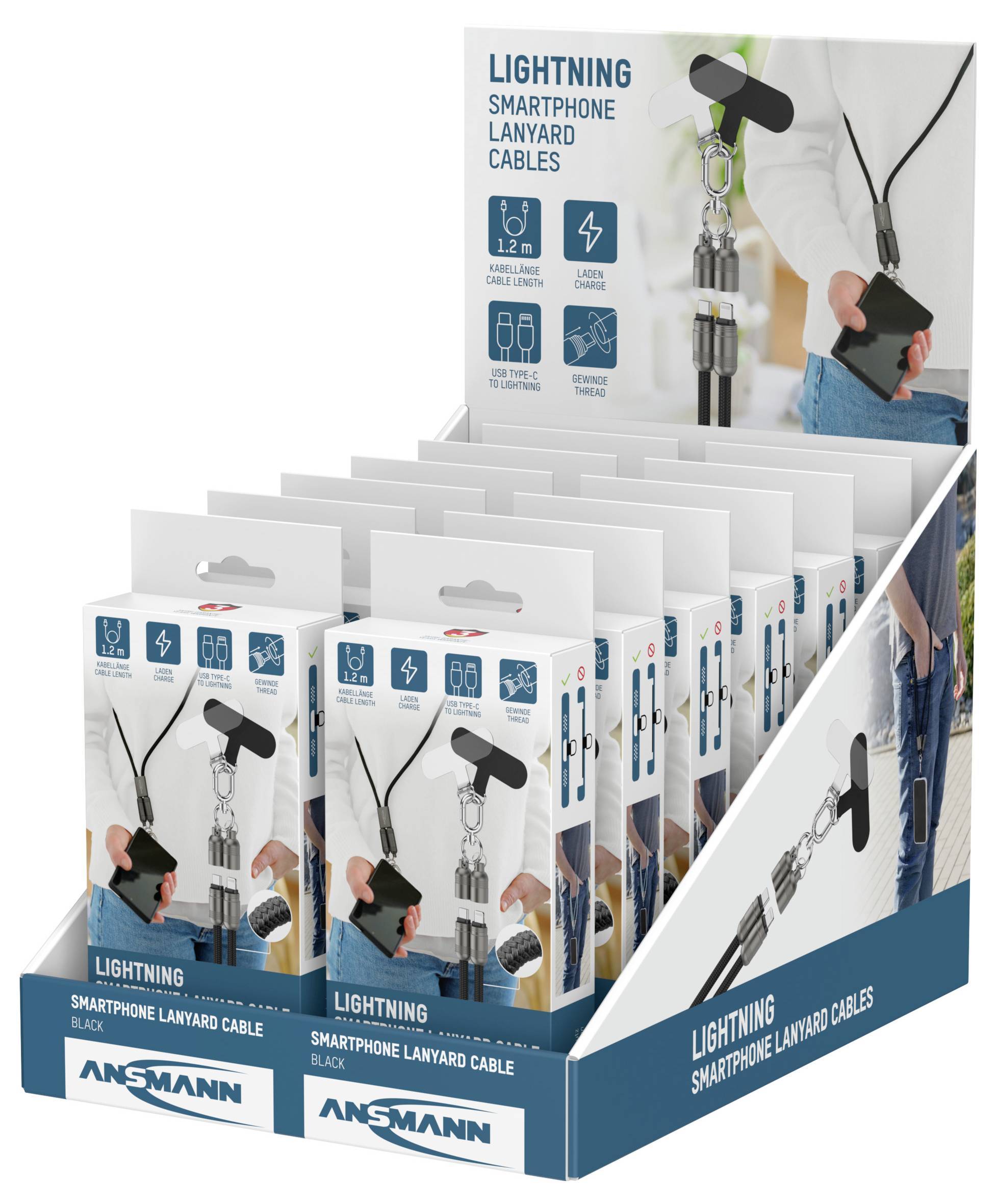 Displaybox mit 'Ansmann Lightning Smartphone Lanyard Cables'-Verpackungen, die ein Kabel zeigt, das zur Bequemlichkeit an einem Smartphone befestigt ist.