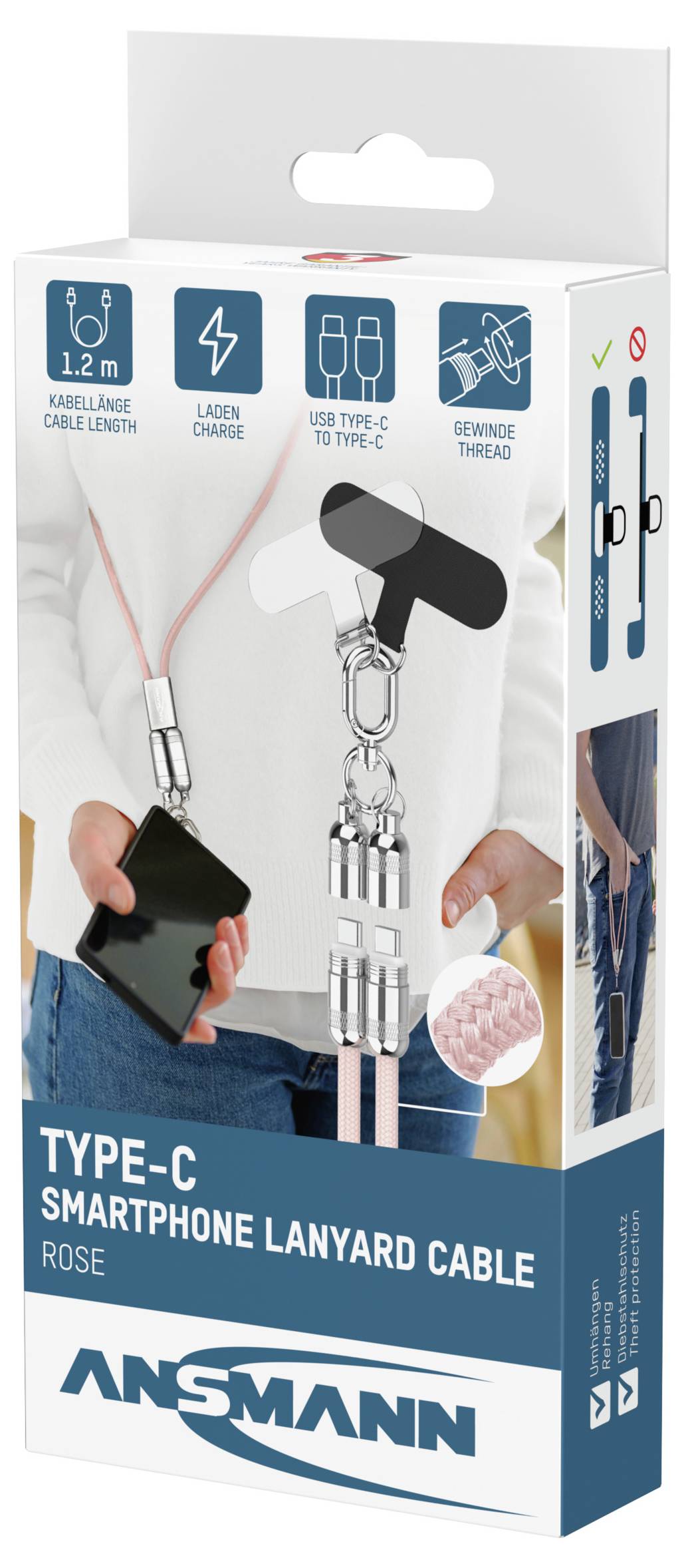 USB-C Smartphone Ladekabel mit Trageband, Roséfarben' Verpackung zeigt ein rosa Kabel mit USB-C-Anschlüssen. Zu den Merkmalen gehören eine Länge von 1,2 m und Ladefähigkeit.