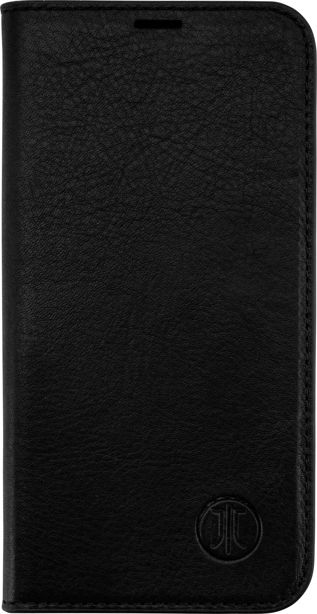 Eine schwarze Ledertasche für Mobiltelefone mit strukturierter Oberfläche und einem dezenten geprägten Logo in der unteren rechten Ecke.