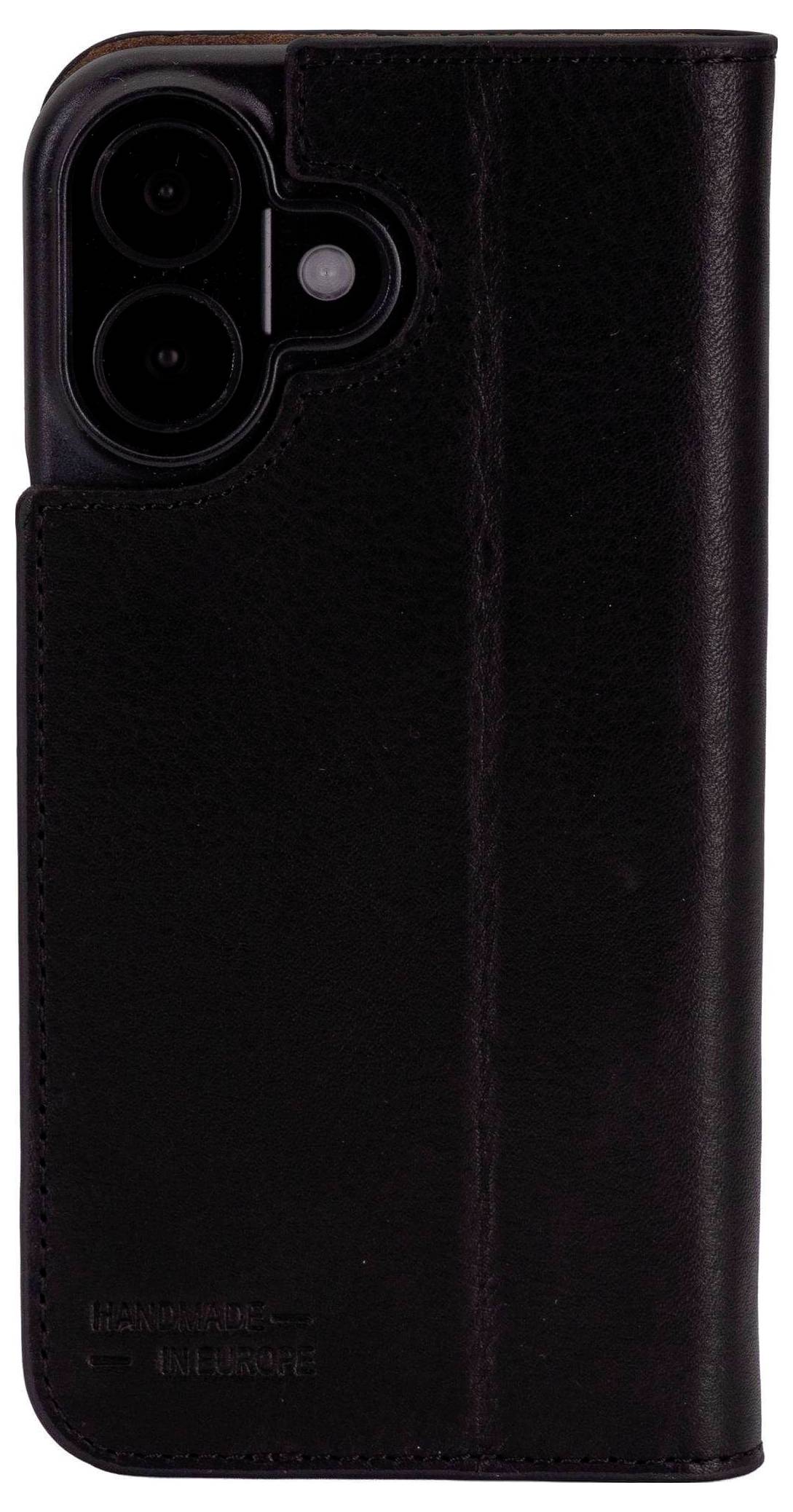 Eine schwarze Ledertasche für ein Telefon mit Klapphülle zeigt Ausschnitte für Kamera-Objektive und Blitz.