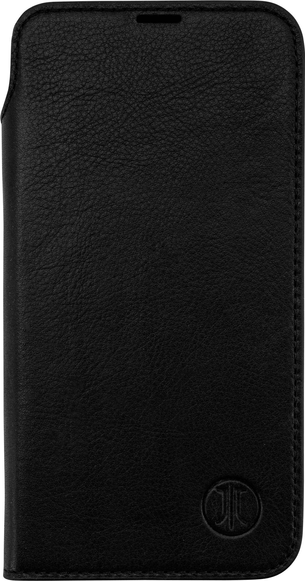 Eine schwarze Ledertasche für ein Smartphone mit einer strukturierten Oberfläche und einem Logo, das in der unteren rechten Ecke eingeprägt ist.