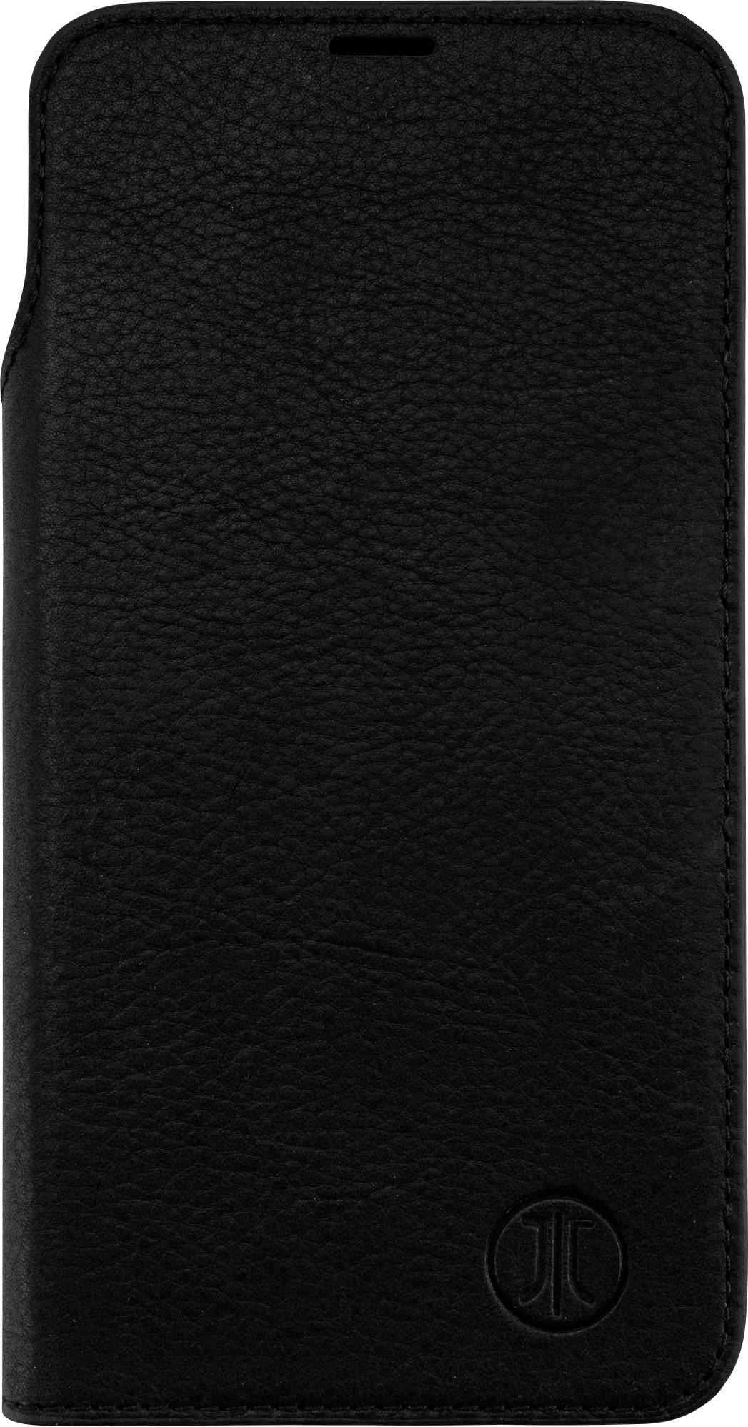 Eine schwarze Ledertasche für Mobiltelefone mit einem dezent geprägten Logo in der unteren rechten Ecke, die eine strukturierte Oberfläche und ein Klappdeckel-Design aufweist.