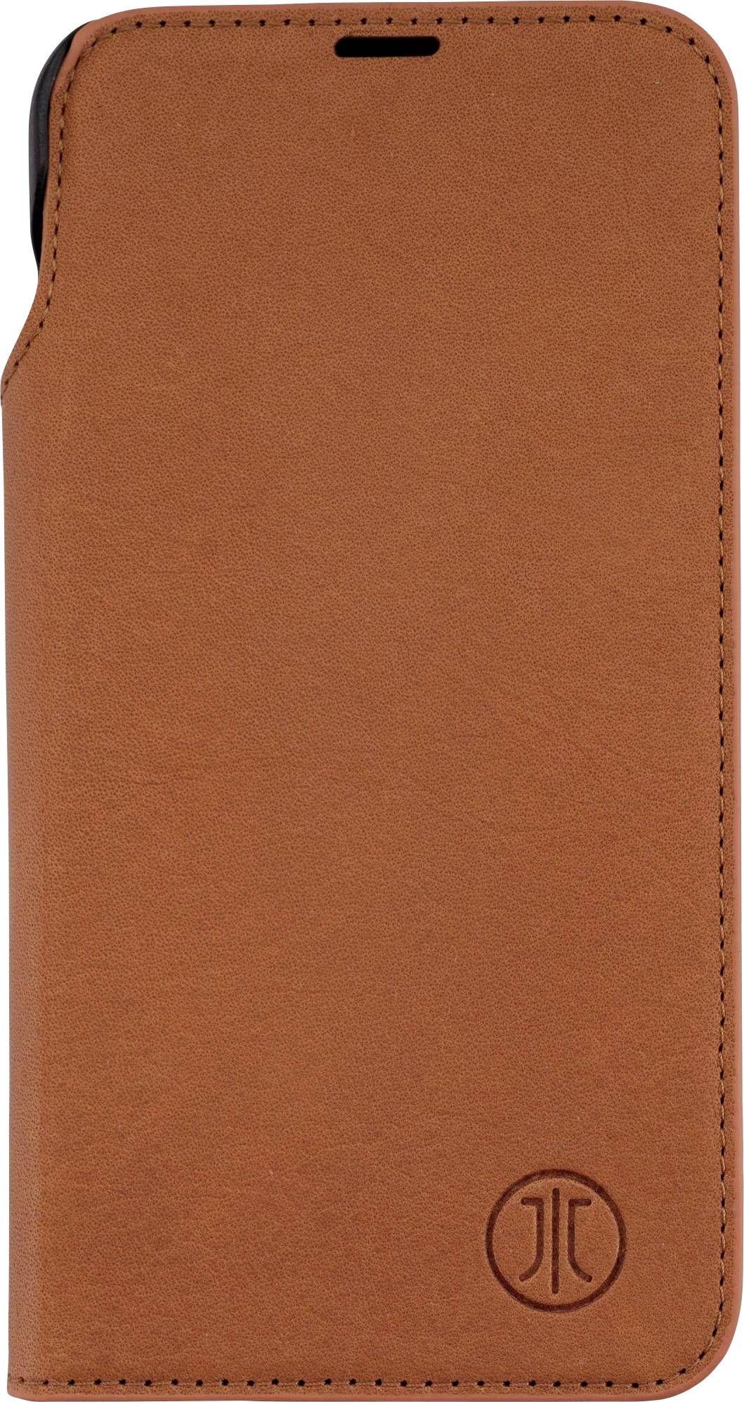 Braune Ledertasche für Mobiltelefon mit Aussparung für die Kamera, eingepresstem Logo in der unteren rechten Ecke und Zierstich entlang der Kanten.