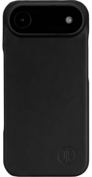 Eine schwarze Smartphone-Hülle mit einer Kameraausparung oben links und einem kleinen, kreisförmigen Logo, das in der Mitte unten eingeprägt ist.