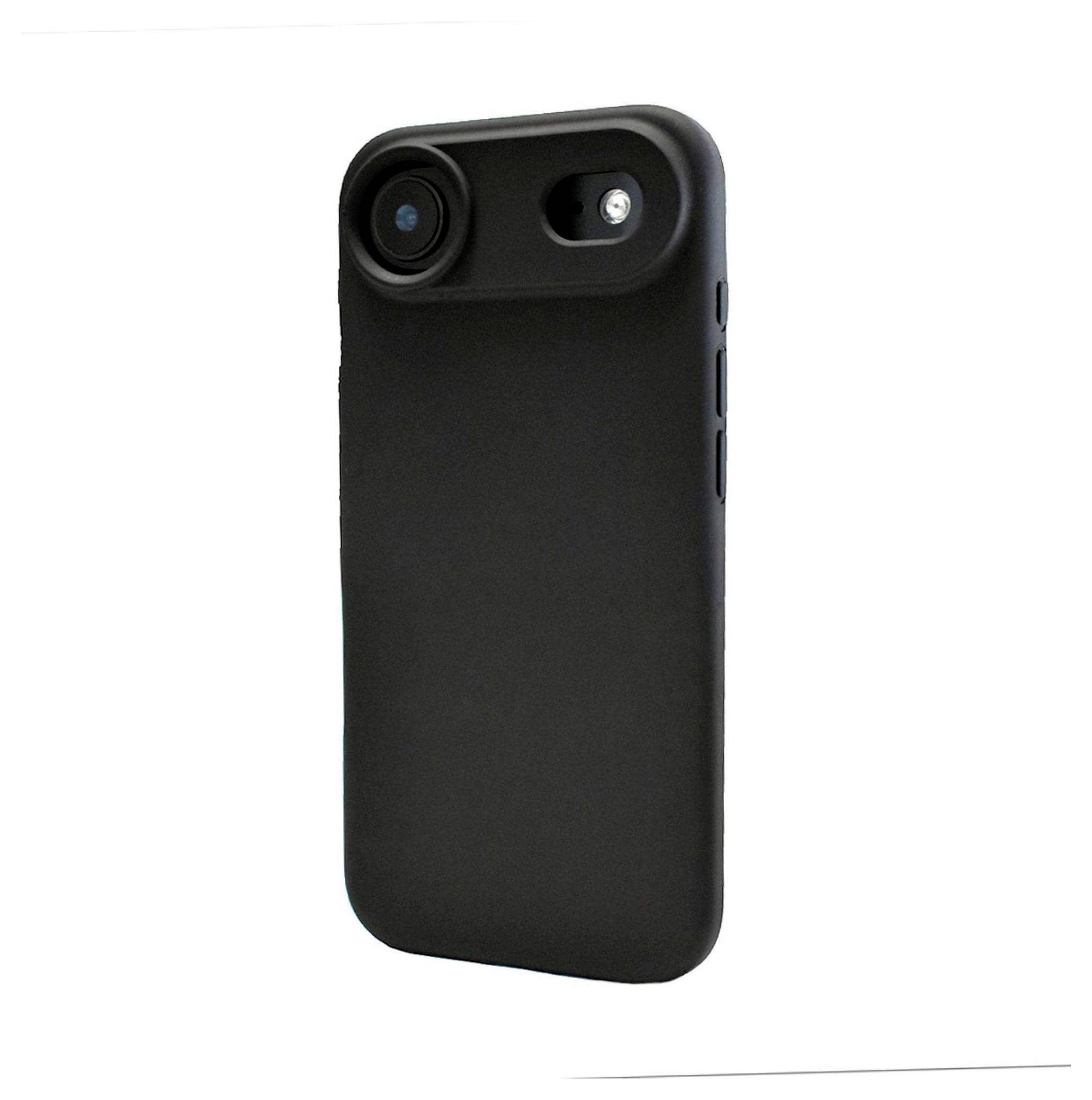 Schwarze Handyhülle mit Fisheye-Kameraobjektiv-Aufsatz, der die Fähigkeit zur Weitwinkel-Fotografie betont.