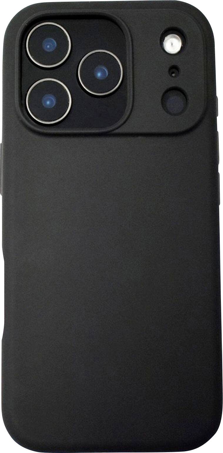 Ein Smartphone mit einer schwarzen Hülle, das die hintere Kameraanordnung mit drei Linsen und einem Blitz zeigt.