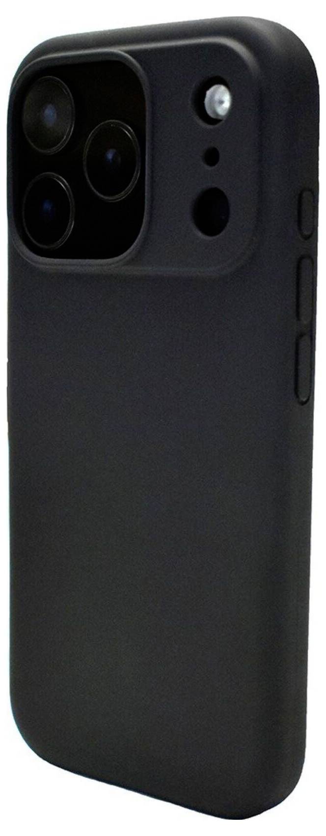 Ein schwarzes Smartphone mit einer Dreifach-Kameraeinheit auf der Rückseite, vor einem schlichten weißen Hintergrund hervorgehoben.