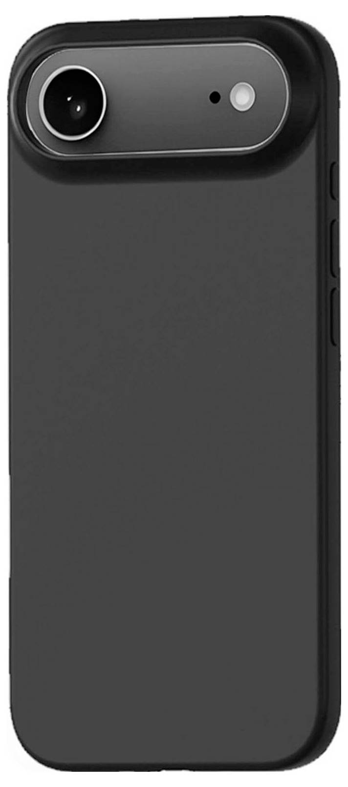 Eine schwarze Smartphone-Hülle mit einer hervorstehenden Kameraabdeckung, die Öffnungen für die Linse und den Blitz auf der Rückseite aufweist.