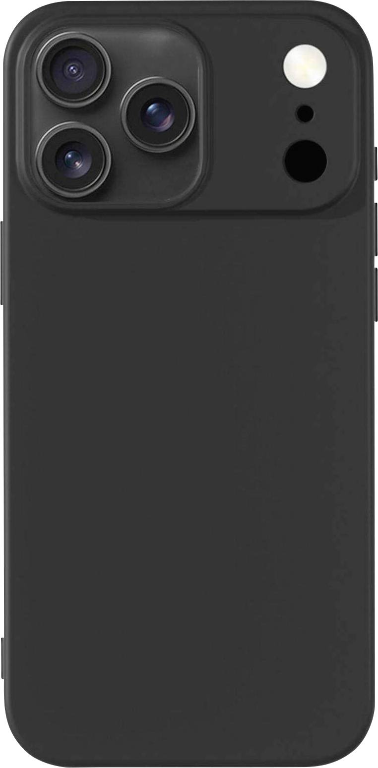 Ein schwarzes Smartphone-Gehäuse mit Ausschnitten für drei Kameraobjektive, einen Blitz und andere Sensoren, das so konzipiert ist, dass es rückseitig auf ein Smartphone passt.