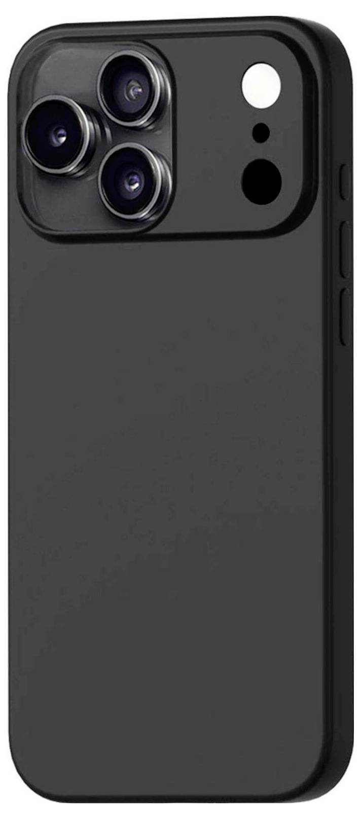 Ein schwarzes Smartphone mit drei Kameraobjektiven und einem Blitz in der linken oberen Ecke der Rückseite.