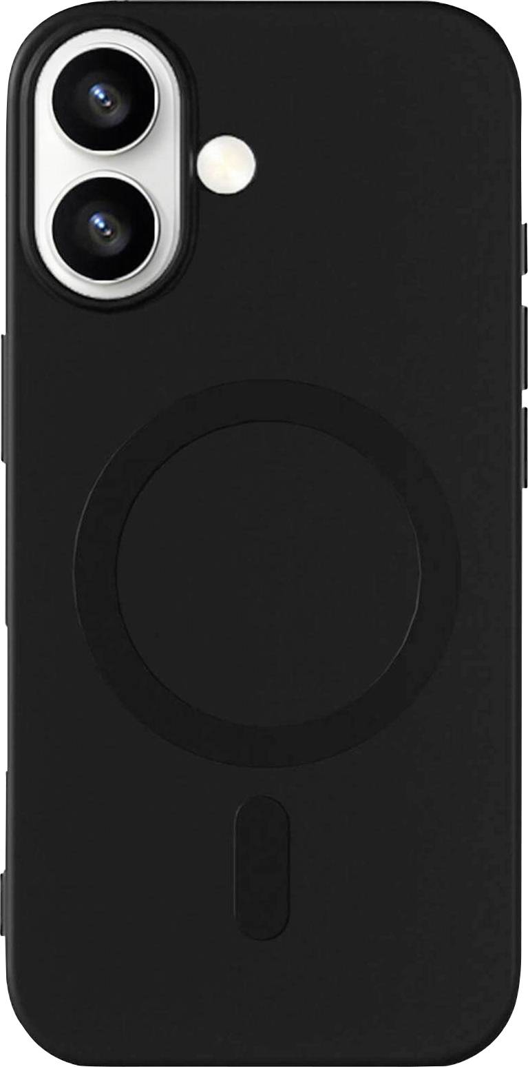 Eine schwarze Smartphone-Hülle mit zwei Kameraobjektiv-Öffnungen und einem markanten kreisförmigen Design, das auf MagSafe-Kompatibilität hindeutet.