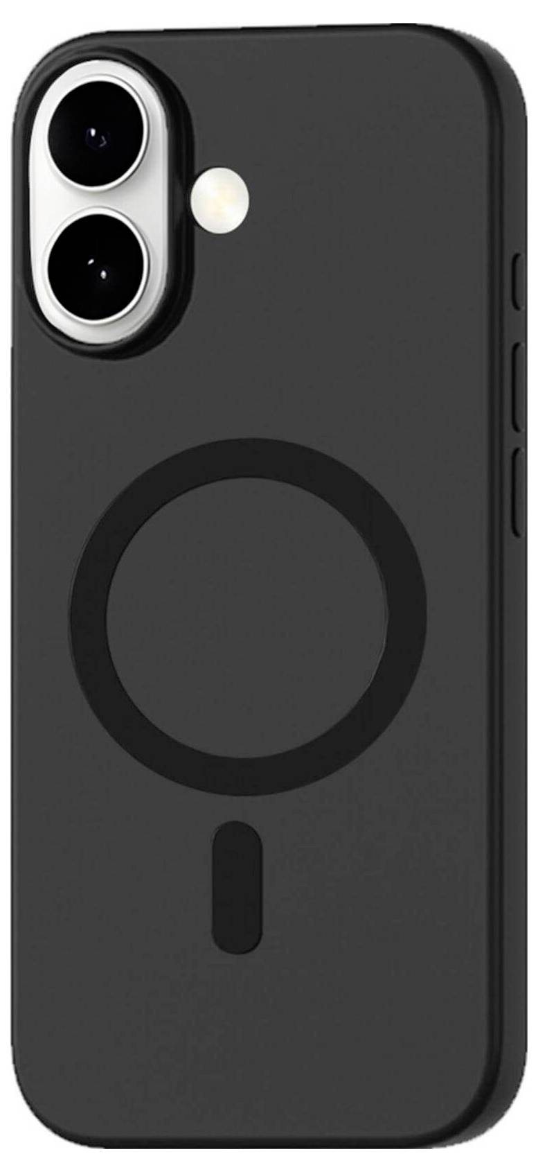 Eine schwarze Smartphone-Hülle mit einem kreisförmigen Design, die zwei Aussparungen für die Rückkamera und eine kleine Aussparung für den Blitz daneben aufweist.