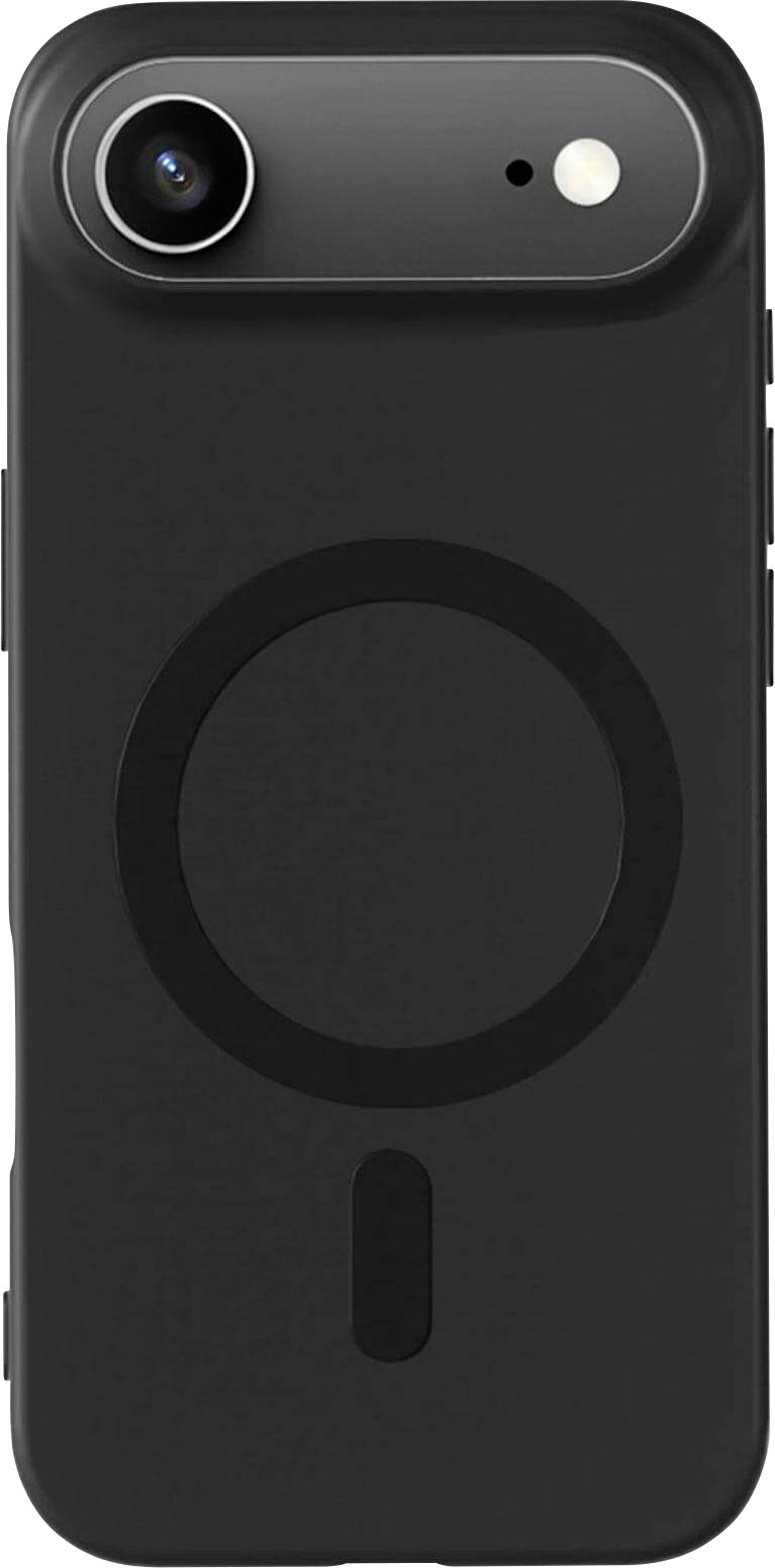 Eine Smartphone-Hülle mit einer Kameraöffnung und einem kreisförmigen Design auf der Rückseite, möglicherweise ein Hinweis auf Kompatibilität mit einer magnetischen Ladefunktion.