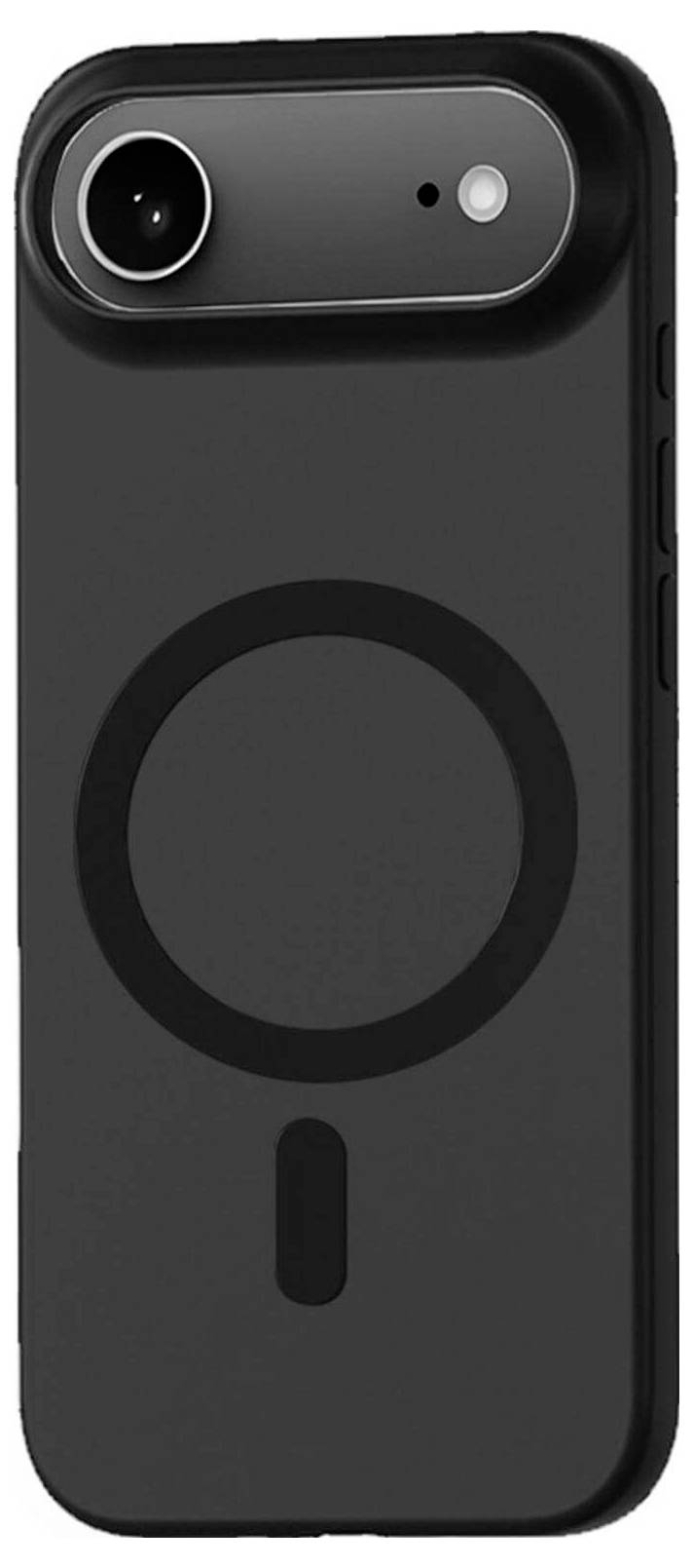 Ein schlankes, schwarzes Smartphone-Gehäuse mit einem auffälligen, kreisförmigen MagSafe-Logo auf der Rückseite, entwickelt für iPhone mit einer großzügigen Kameraaussparung.