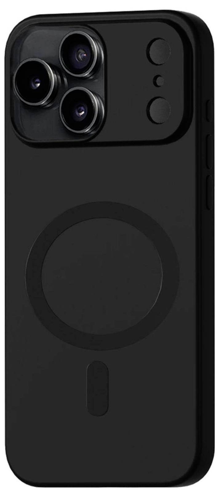 Ein schwarzes Handyhülle mit kreisförmigen Kameraausschnitten und einem MagSafe-Ladekreis-Design.