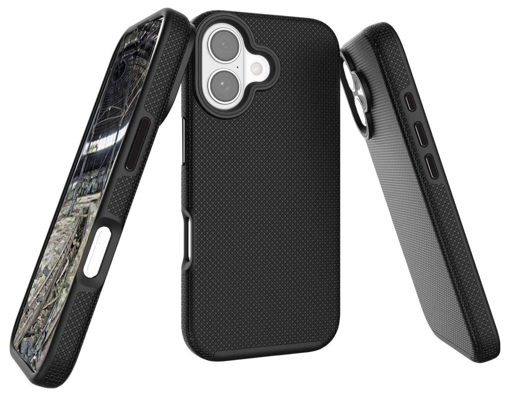 Dreifache Ansicht einer schwarzen strukturierten Handyhülle. Die Hülle zeigt Kameraausschnitte und Tastaturplatzierungen. Eine Ansicht zeigt eine Stadtlandschaft auf dem Bildschirm.