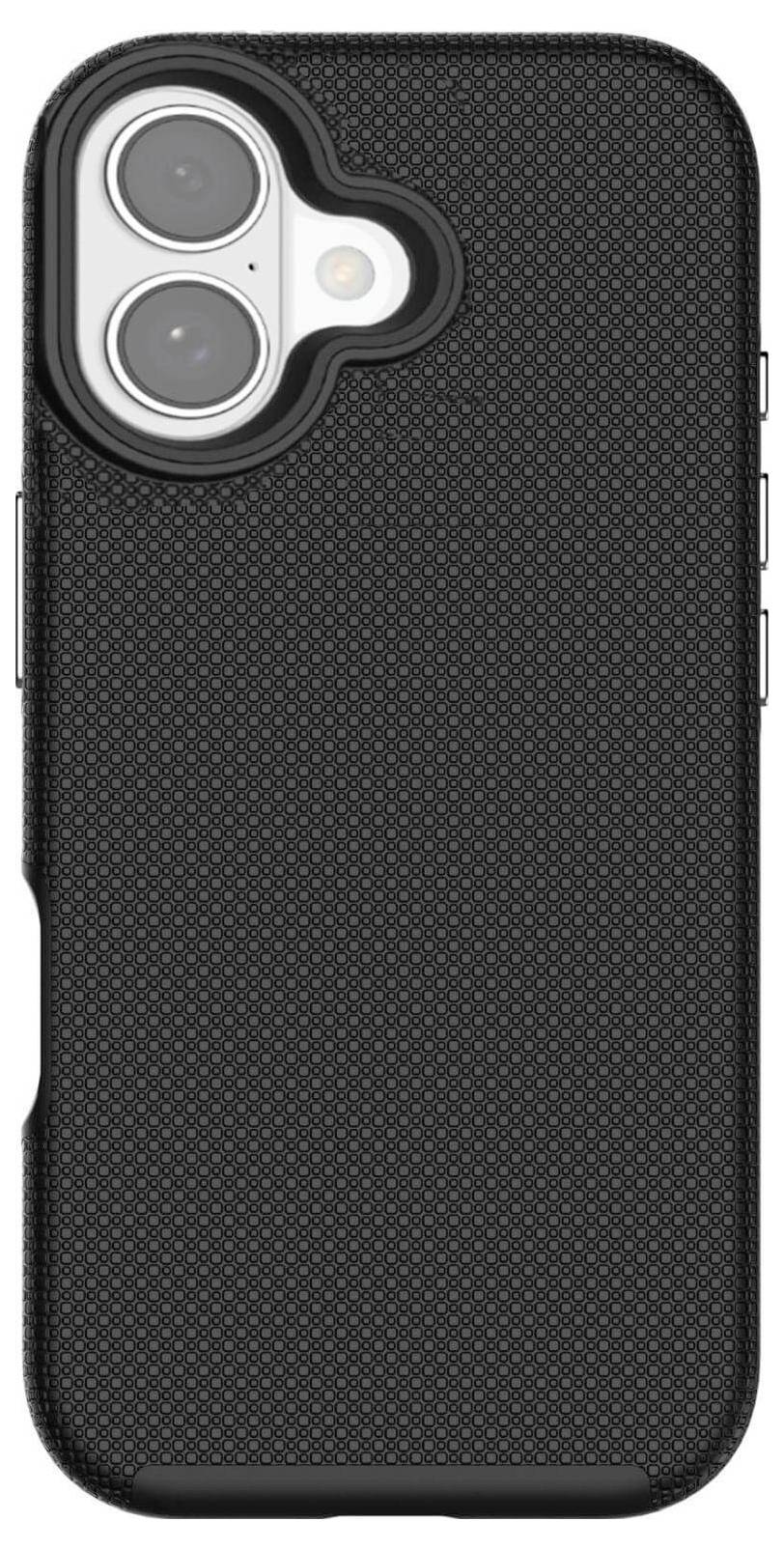 Eine schwarze, strukturierte Smartphone-Hülle mit präzisen Ausschnitten für Dual-Kameras und Tasten, die einen Schutz für das Telefon bietet.