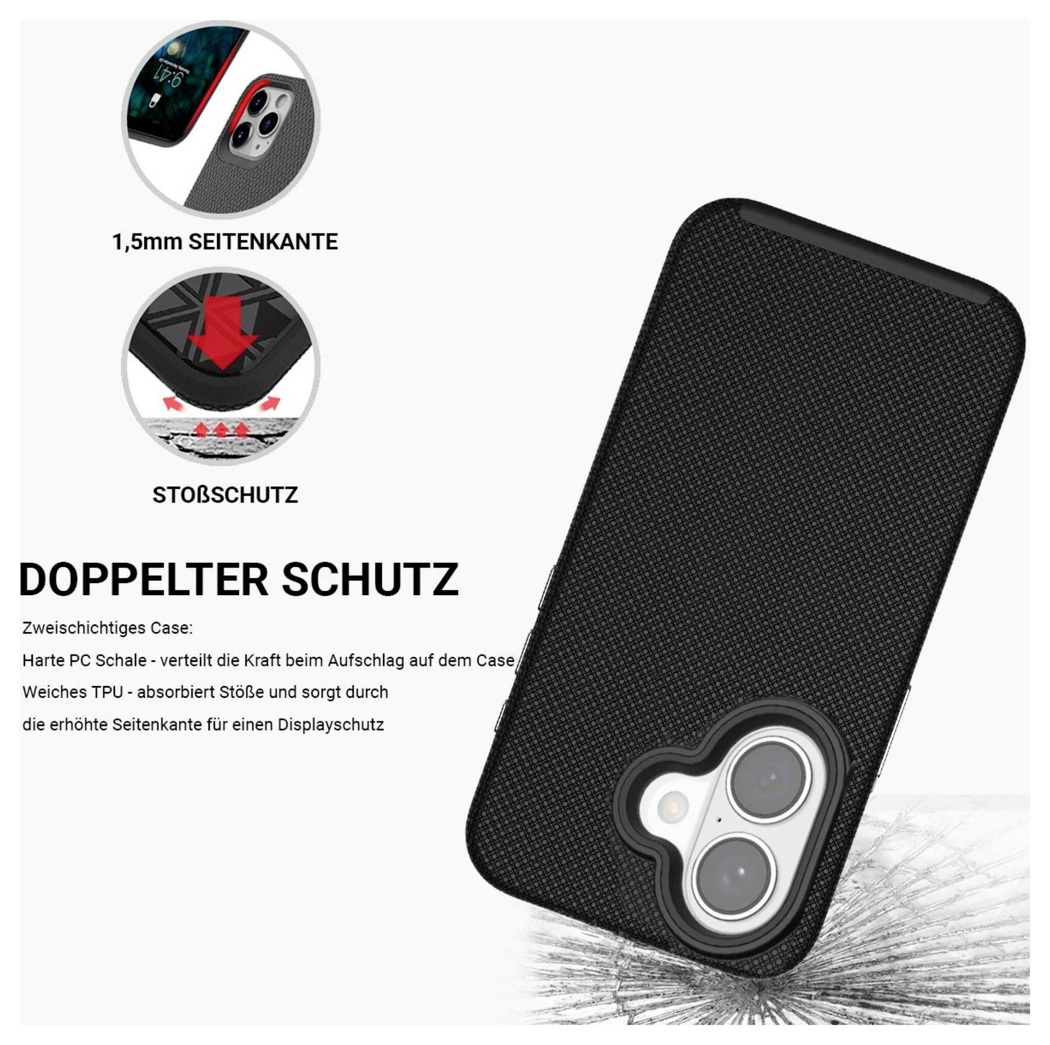 Schwarze strukturierte Handyhülle mit verstärkten Kanten für Stoßfestigkeit, neben Detailaufnahmen gezeigt. Text hebt 'doppelter schutz' hervor.