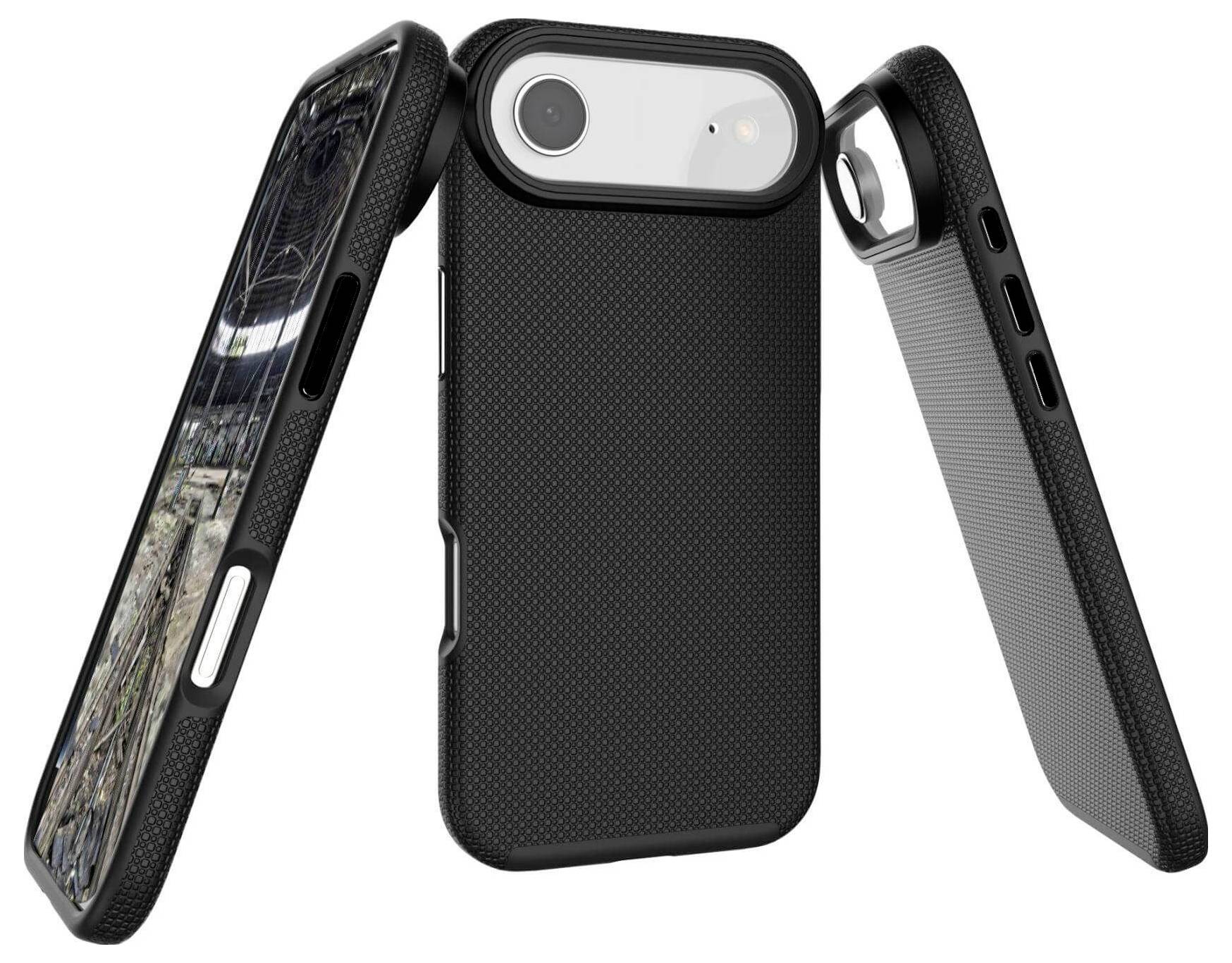 Drei schwarze strukturierte Handyhüllen werden präsentiert, die Front-, Rück- und Seitenansichten hervorheben. Jede Hülle schützt ein Handy mit elegantem Design.