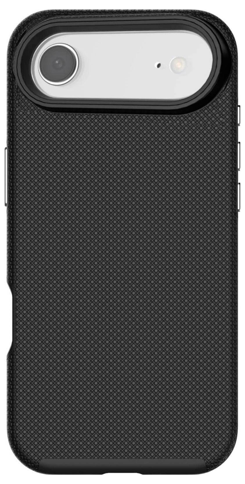 Schwarze strukturierte Smartphone-Hülle mit einer kreisrunden Aussparung für Kamera und Blitz.