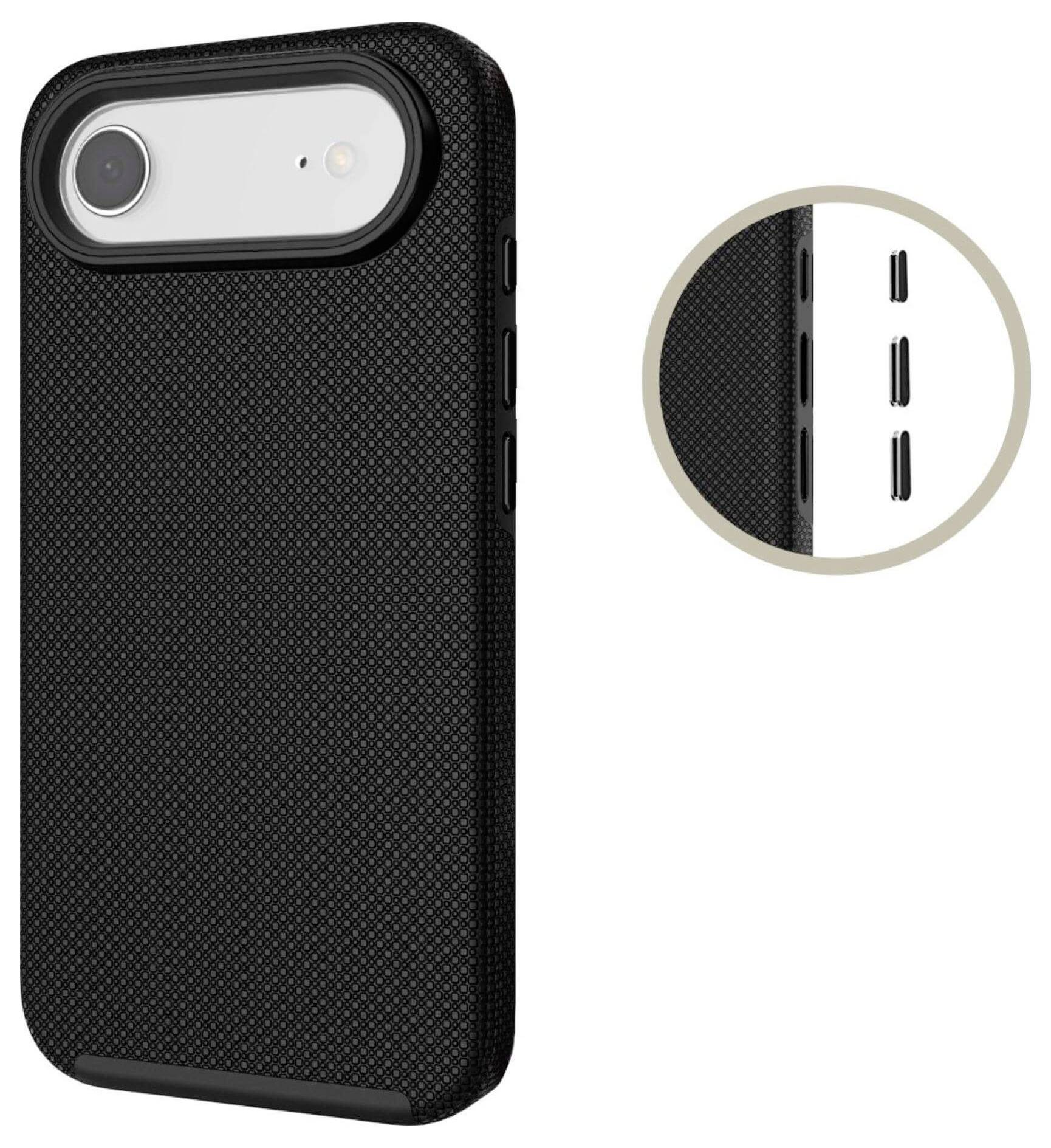 Ein schwarzer, strukturierter Telefonkoffer wird gezeigt, mit einem Detailausschnitt, der die Seitenknopf-Ausschnitte hervorhebt.