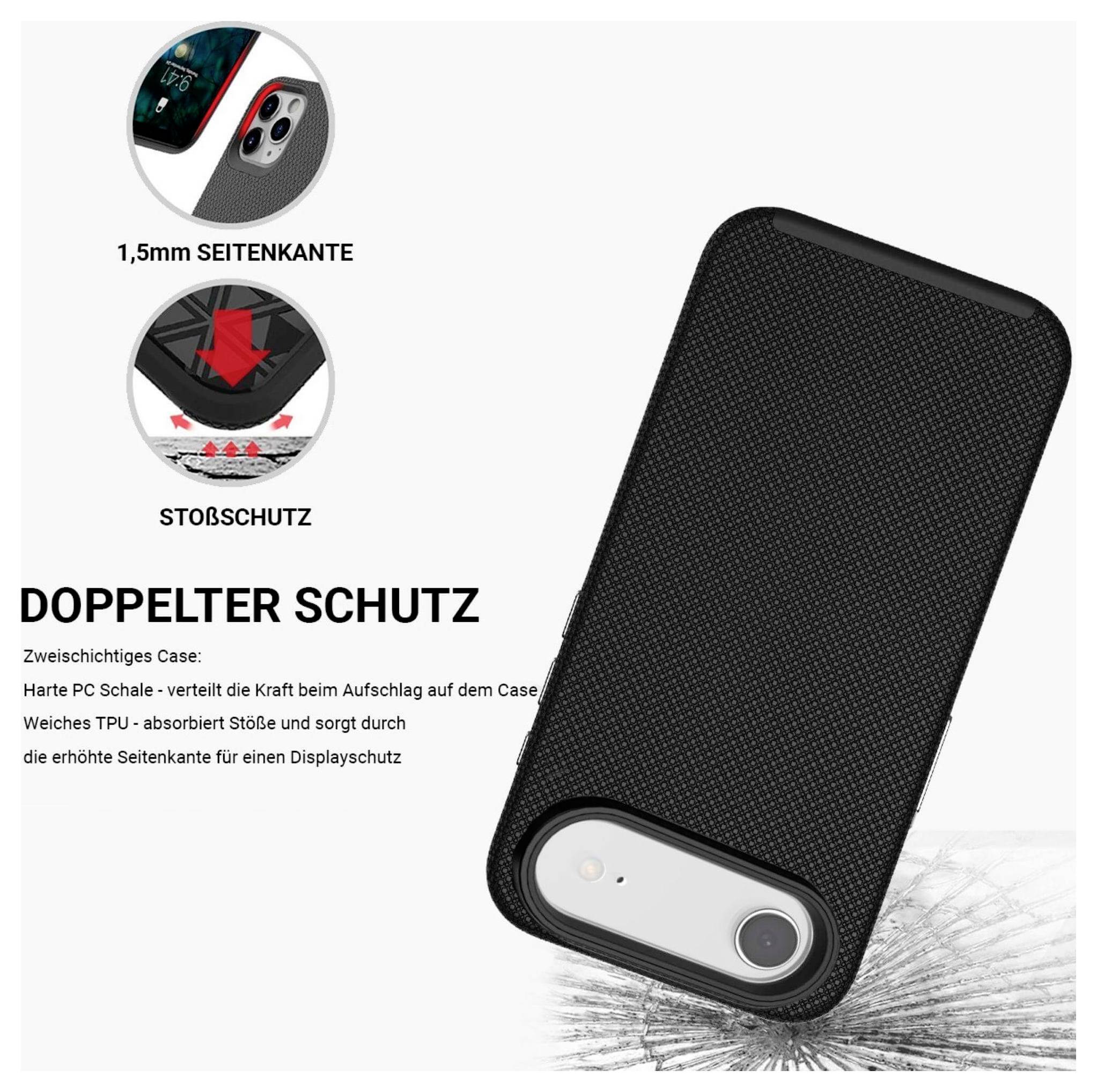 Schwarze Handyhülle mit Text zur Beschreibung des 'Doppelten Schutzes', die ein strukturiertes Design, 1,5 mm Kante, Stoßschutz und Dual-Layer-Eigenschaften zeigt.