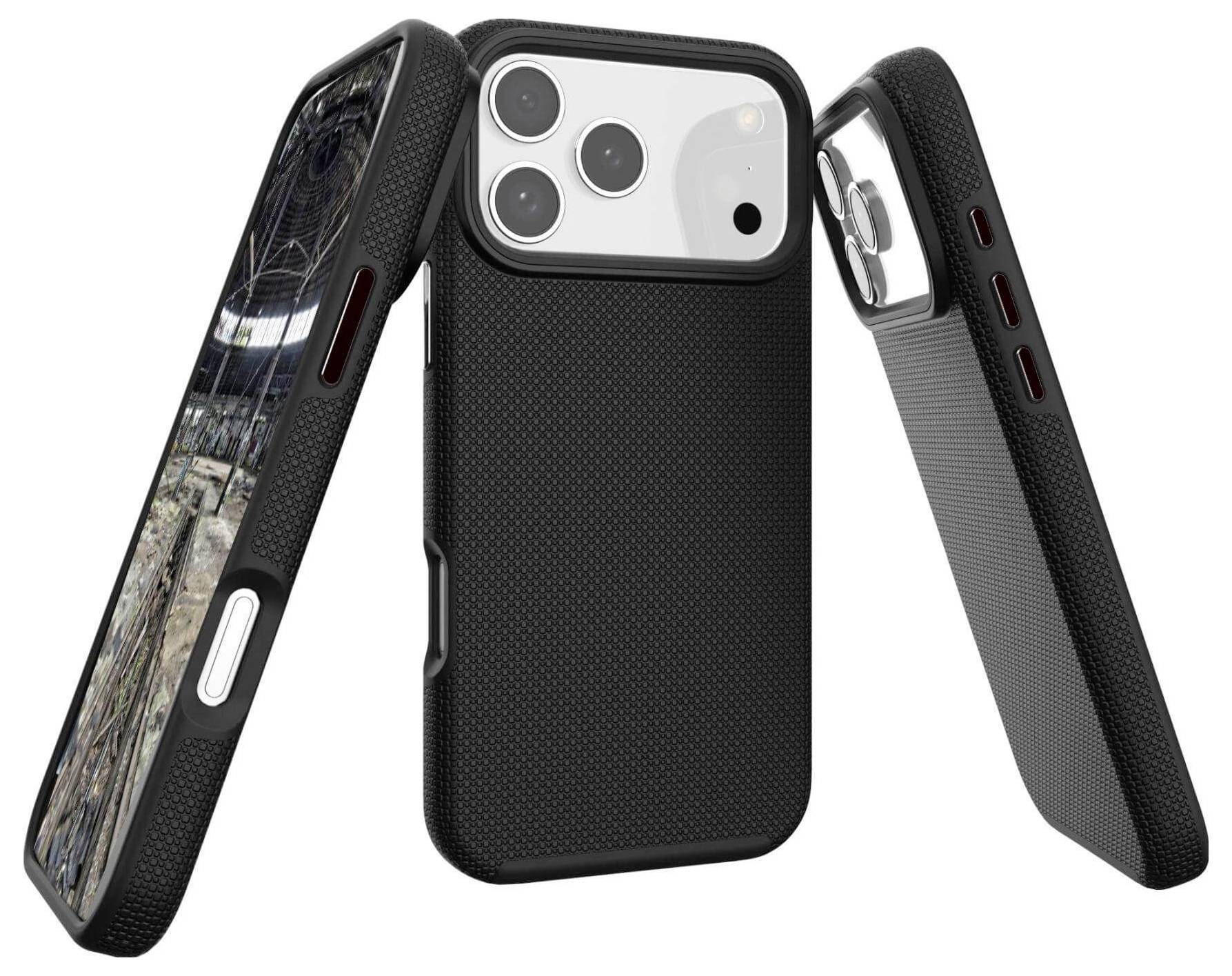 Drei schwarze Smartphone-Hüllen werden aus verschiedenen Blickwinkeln präsentiert, die strukturierte Seiten und präzise Aussparungen für Tasten und Kamera zeigen.