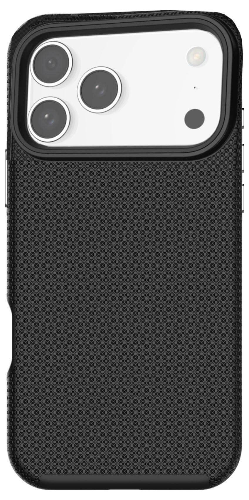 Eine schwarze strukturierte Handyhülle mit Aussparungen für drei Kameraobjektive und einen Blitz.