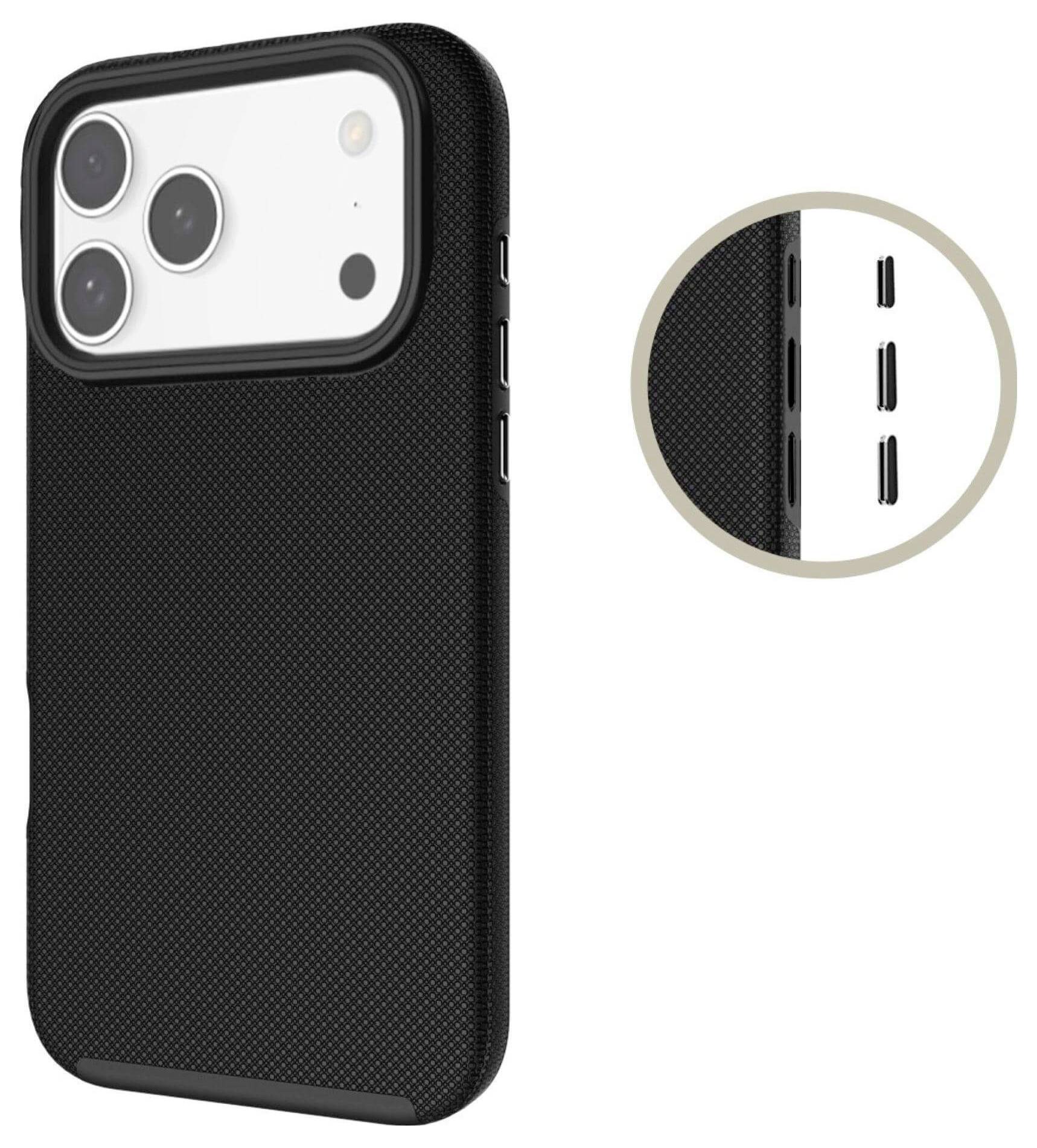 Eine schwarze strukturierte Handyhülle für ein Gerät mit drei Rückkameras, von hinten und der Seite gezeigt, mit Hervorhebung der Knopfpositionen.