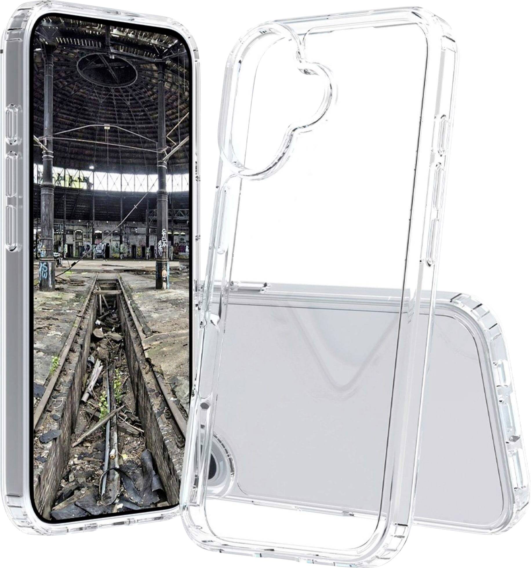 Eine durchsichtige Handyhülle präsentiert einen Smartphonebildschirm, der einen industriellen, verlassenen Bahnhof zeigt. Die Hülle verfügt über erhöhte Kanten zum Schutz.