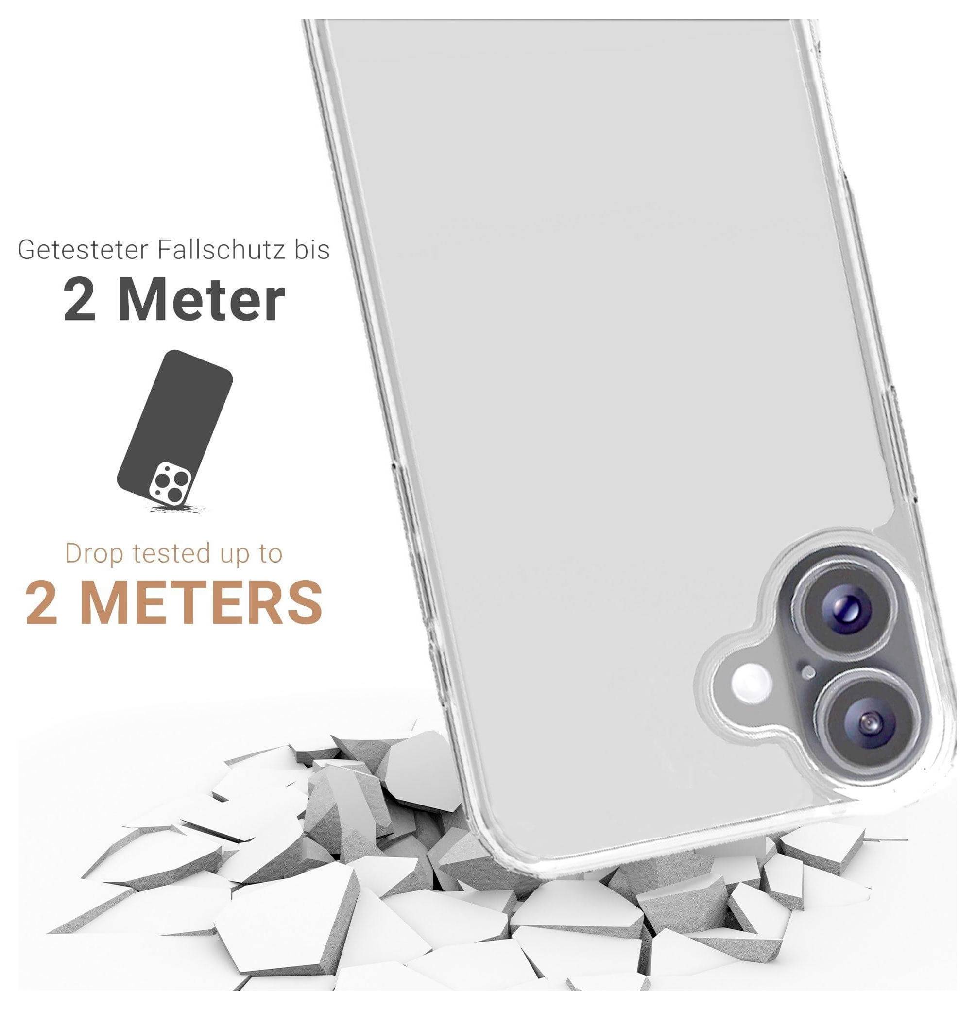 Ein Smartphone-Gehäuse wird auf eine rissige Oberfläche fallen gelassen. Der Text lautet: 'Drop tested up to 2 meters | Sturztestet bis zu 2 Meter'