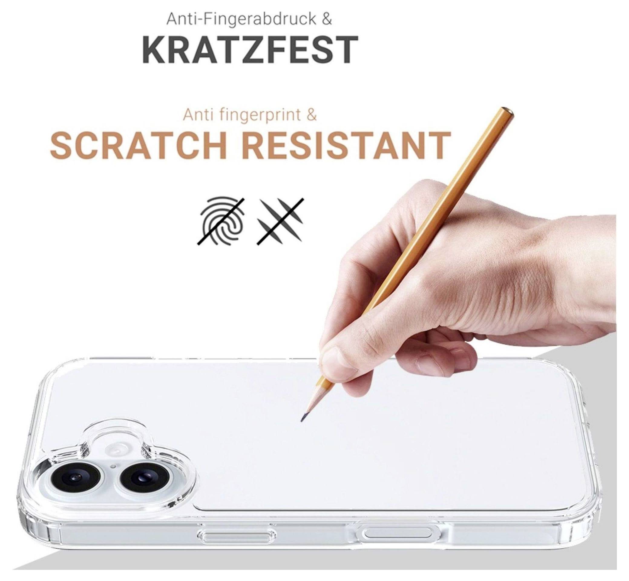 Transparente Handyhülle, die von einem Bleistift zerkratzt wird und die 'Anti-Fingerabdruck & Kratzfeste' Eigenschaften auf Deutsch und Englisch demonstriert.