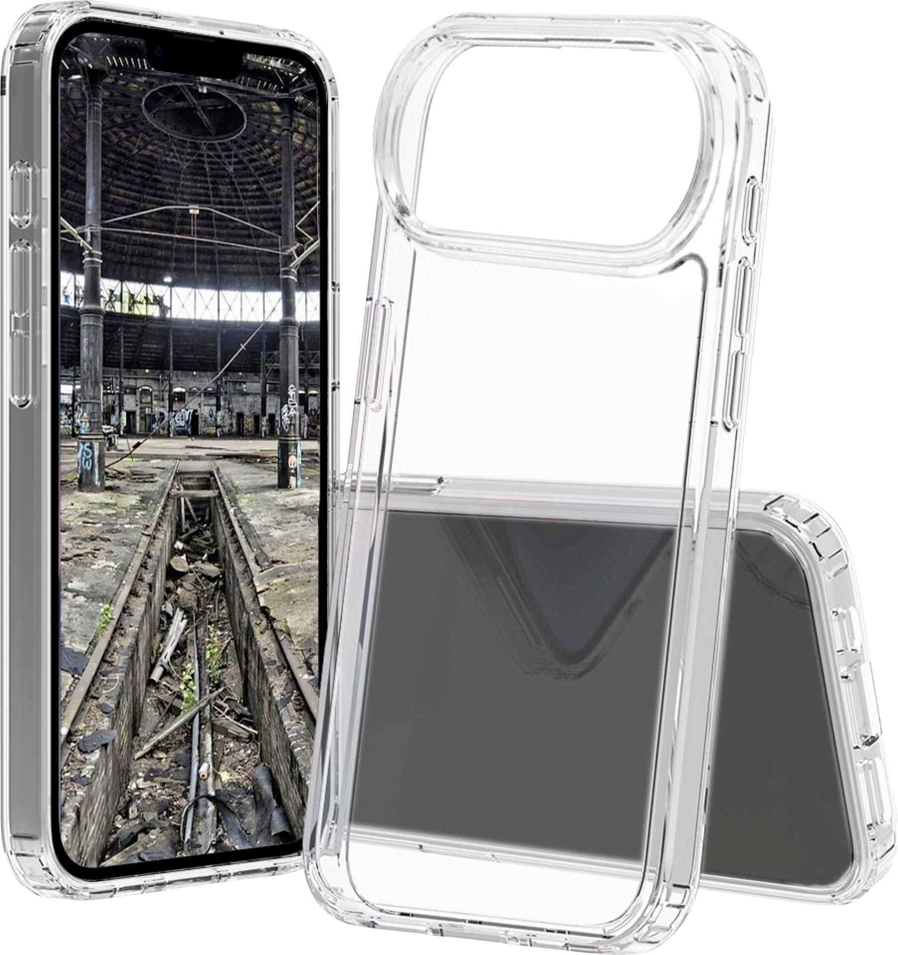Ein Smartphone mit einem Bild einer verlassenen Industriehalle auf seinem Bildschirm wird mit einer transparenten Schutzhülle präsentiert.