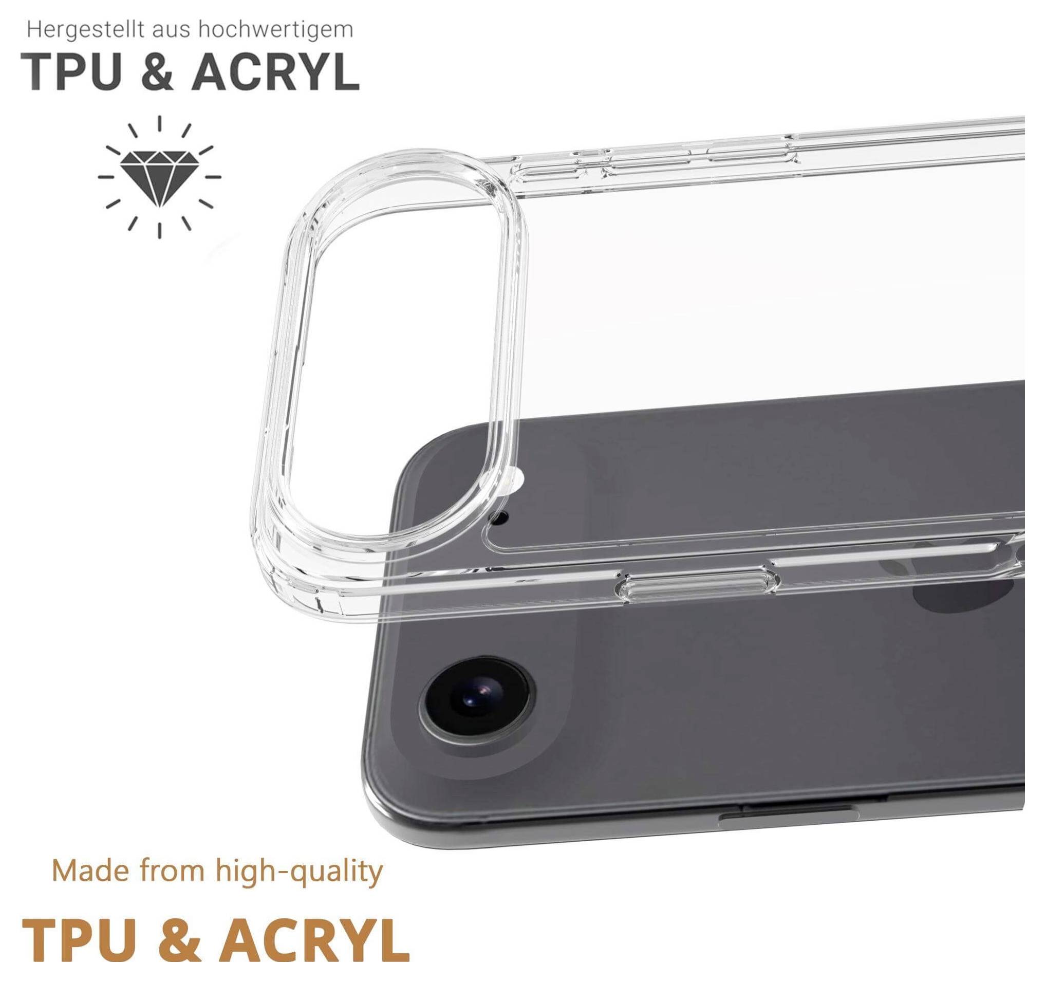 Transparente Handyhülle mit klaren Kanten, die den Kamera-Ausschnitt hervorhebt. Text lautet: Hergestellt aus hochwertigem TPU & Acryl.