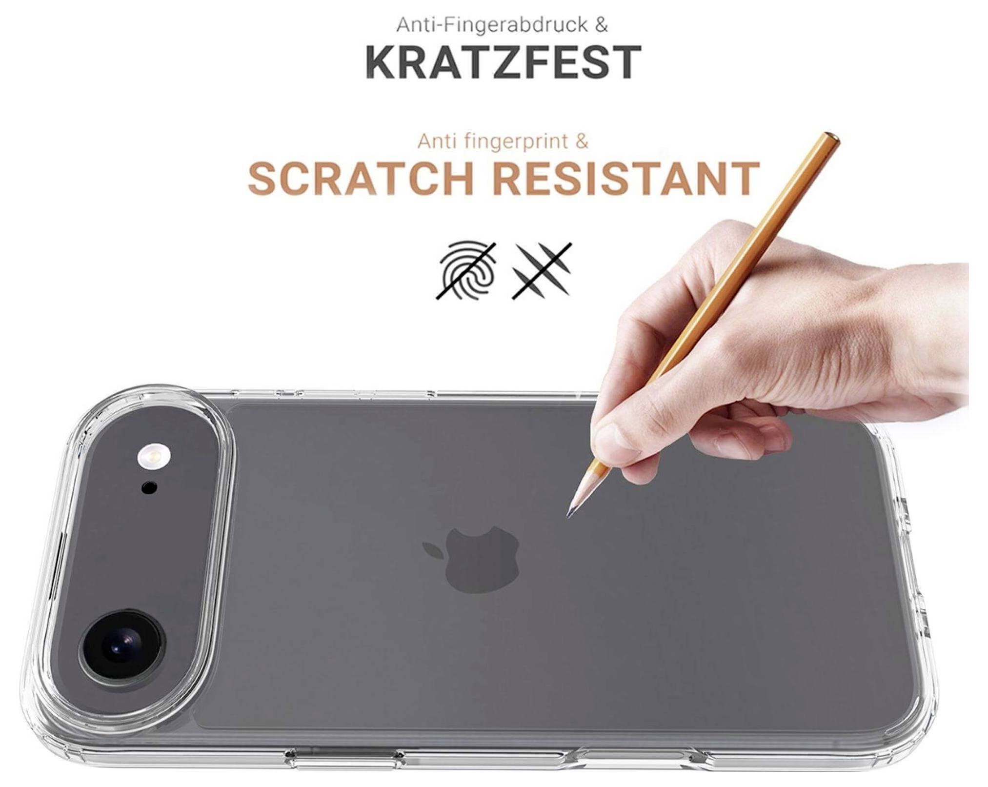 Eine Hand, die einen Bleistift hält, demonstriert, wie eine transparente Handyhülle ein iPhone vor Kratzern und Fingerabdrücken schützt. Text hebt „Kratzfest