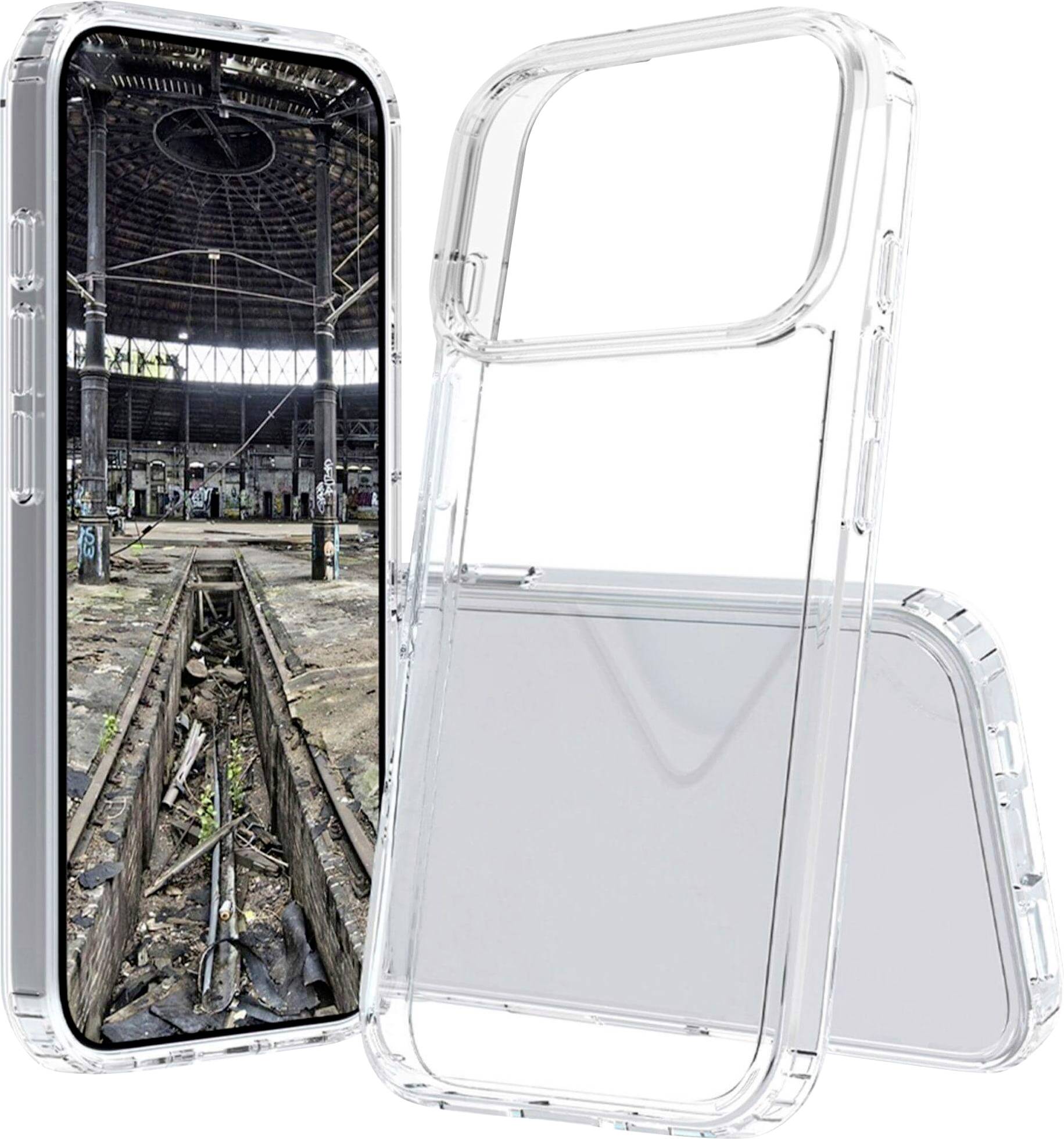 Ein Smartphone mit einer transparenten Hülle zeigt ein Bild einer verlassenen, heruntergekommenen Lagerhalle und betont dabei Verfall und industrielle Trostlosigkeit.