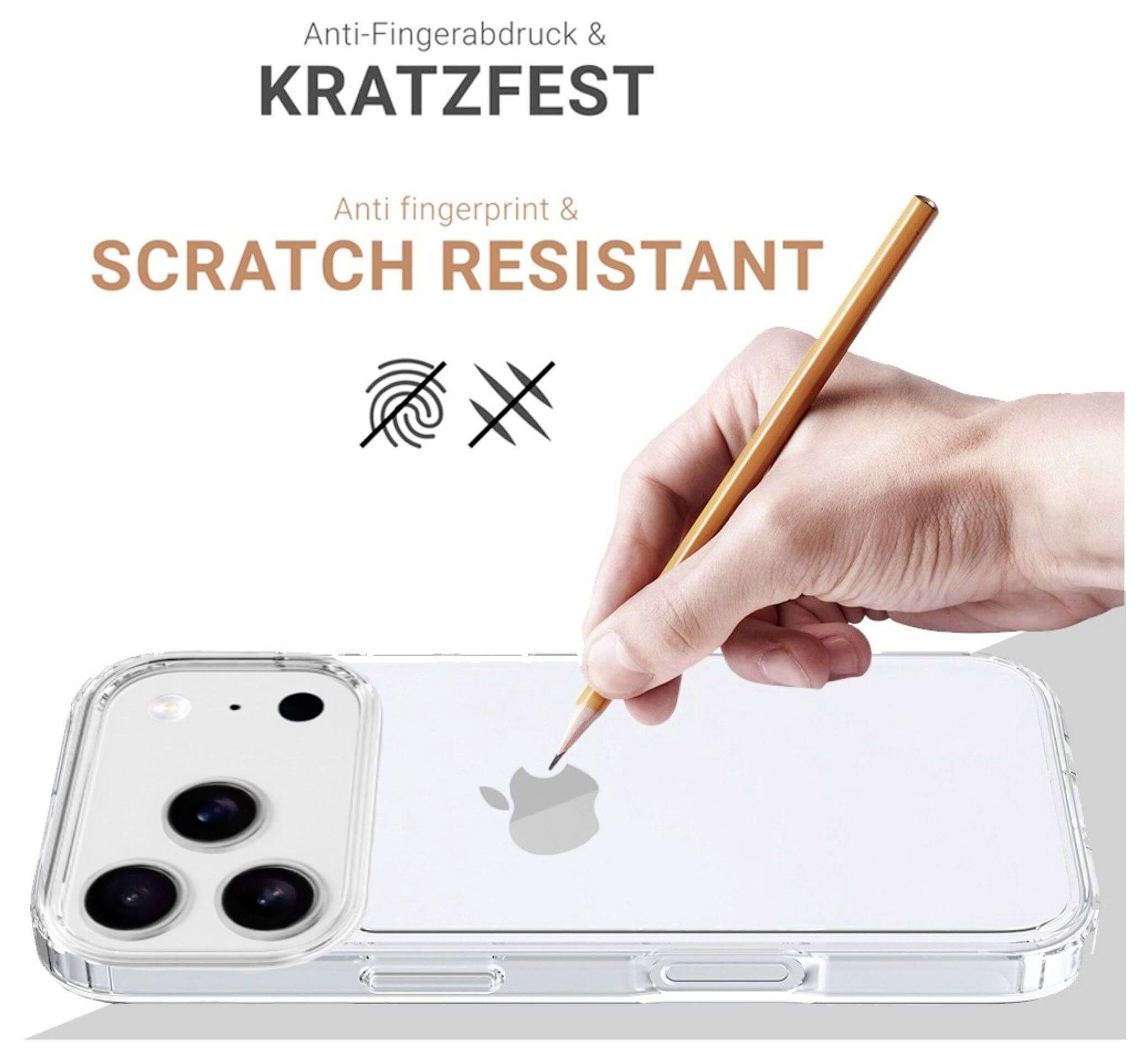 Eine Hand benutzt einen Bleistift, um die Kratzfestigkeit eines durchsichtigen Handygehäuses zu demonstrieren, auf dem der Text Fingerabdruckfrei & Kratzresistent angezeigt wird.