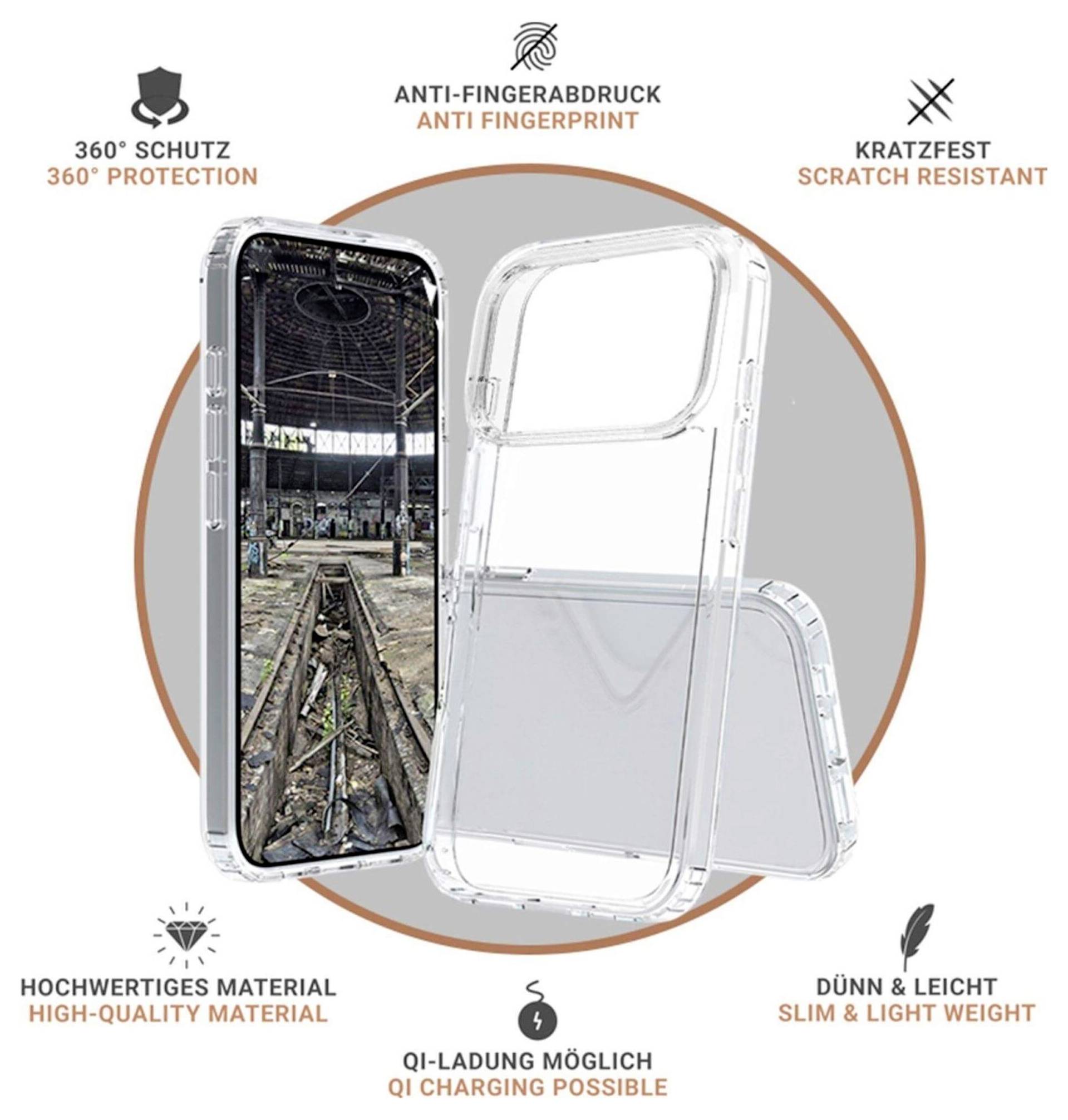 Durchsichtige Handyhülle mit Ständer; Funktionen umfassen 360° Schutz, Fingerabdruckschutz, Kratzresistenz, schlankes Design und Kompatibilität mit drahtlosem Laden.