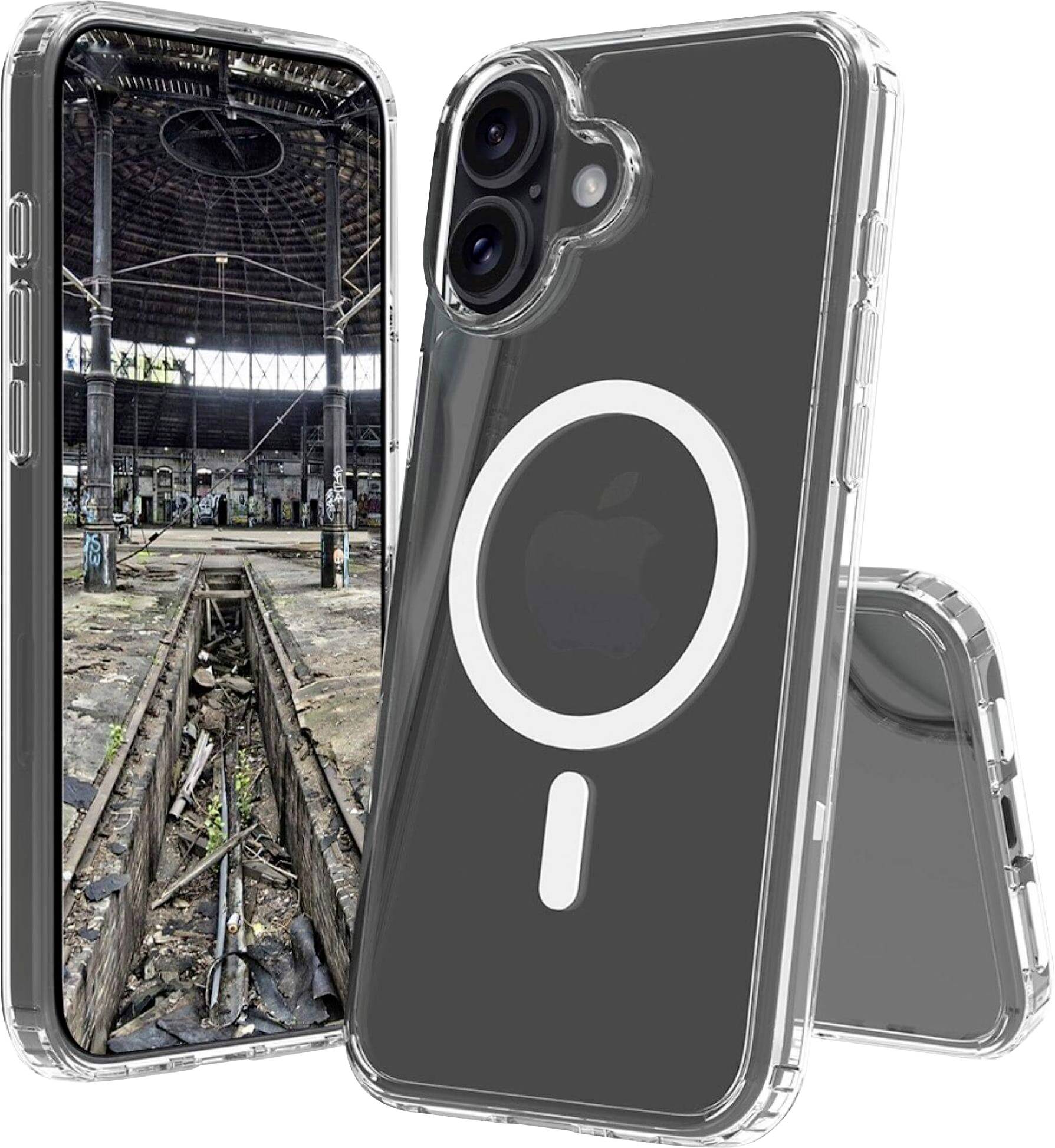 Ein Smartphone mit transparenter Hülle zeigt eine Industrieszene auf dem Bildschirm, die eine Eisenbahnstrecke in einem verlassenen Gebäude darstellt.