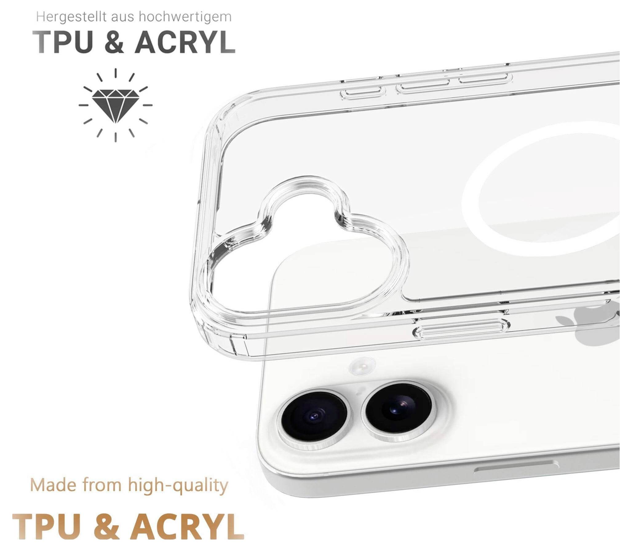 Transparente Handyhülle aus hochwertigem TPU und Acryl, mit herzförmiger Kameraausschnitt. Text auf Deutsch und Englisch.