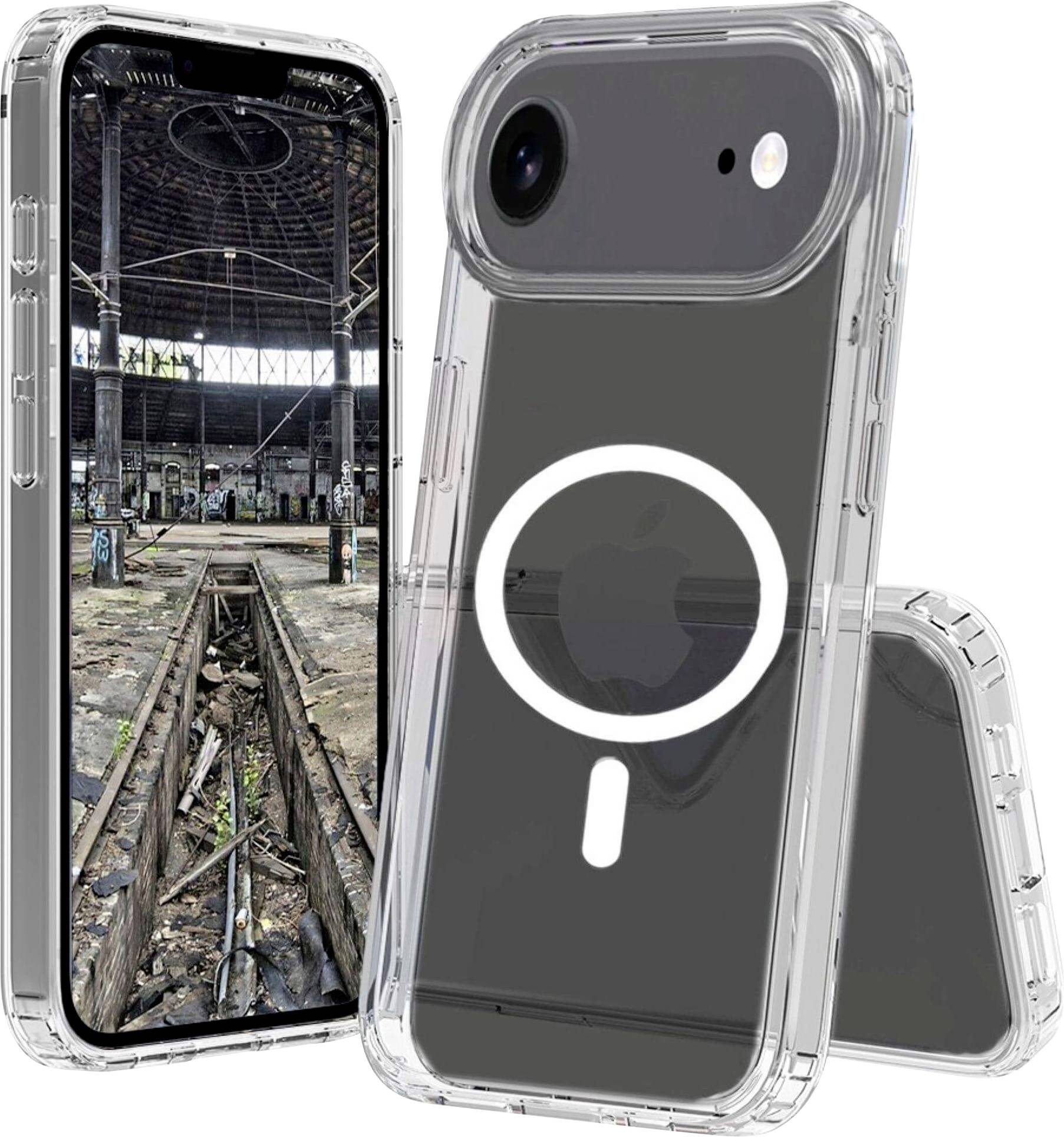 Durchsichtige Handyhüllen, die auf einem Telefon zu sehen sind, wobei die Rückseite der Hülle ein kreisförmiges Design aufweist. Der Hintergrunddisplay zeigt ein verlassenes Lagerhaus.