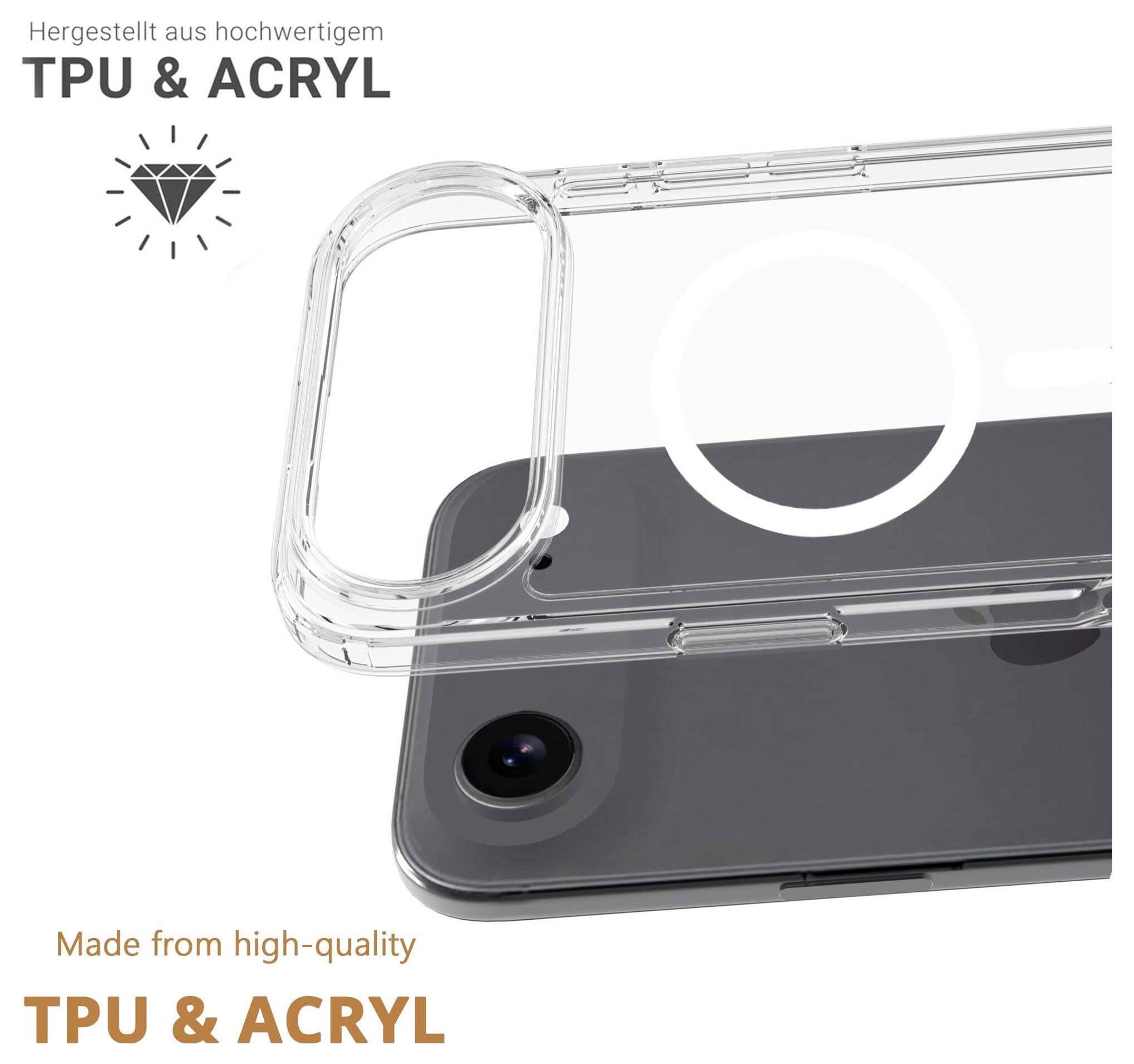 Ein transparenter Handyhülle, die Haltbarkeit zeigt und aus hochwertigem TPU und Acryl gefertigt ist, mit Fokus auf dem Schutz der Rückkamera.