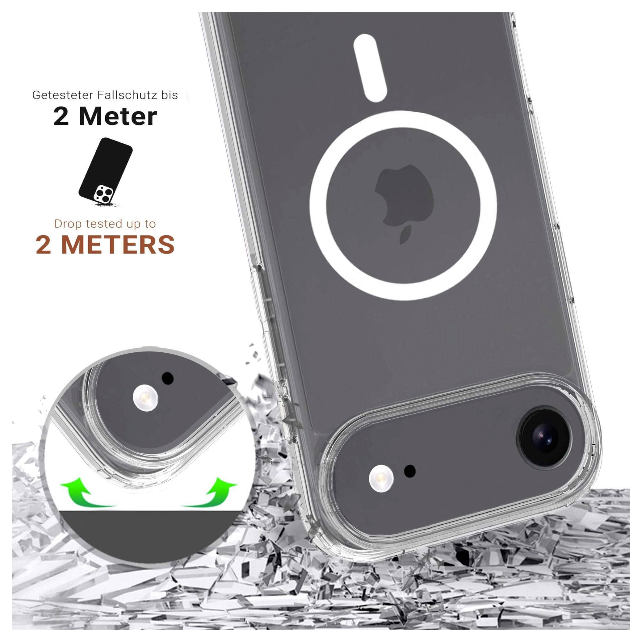 Transparente Handyhülle auf Aluminium-Oberfläche mit Fallschutz bis zu 2 Metern. Bietet präzise Kameraausschnitte für iPhone-Kompatibilität.