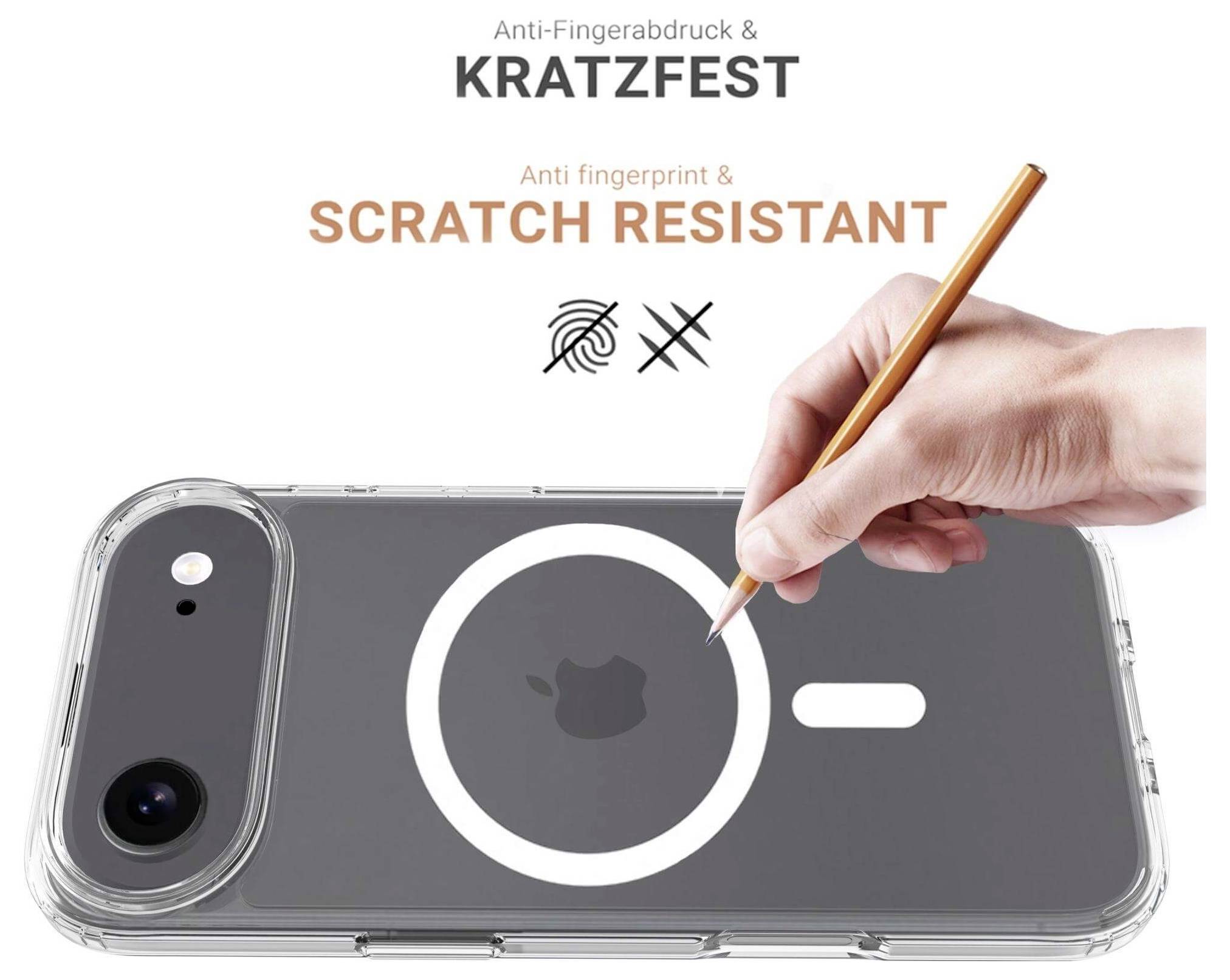 Eine Hand hält einen Bleistift und demonstriert die Kratzfestigkeit eines durchsichtigen Handygehäuses mit dem Text: ‚Anti-Fingerabdruck & Kratzfest.'