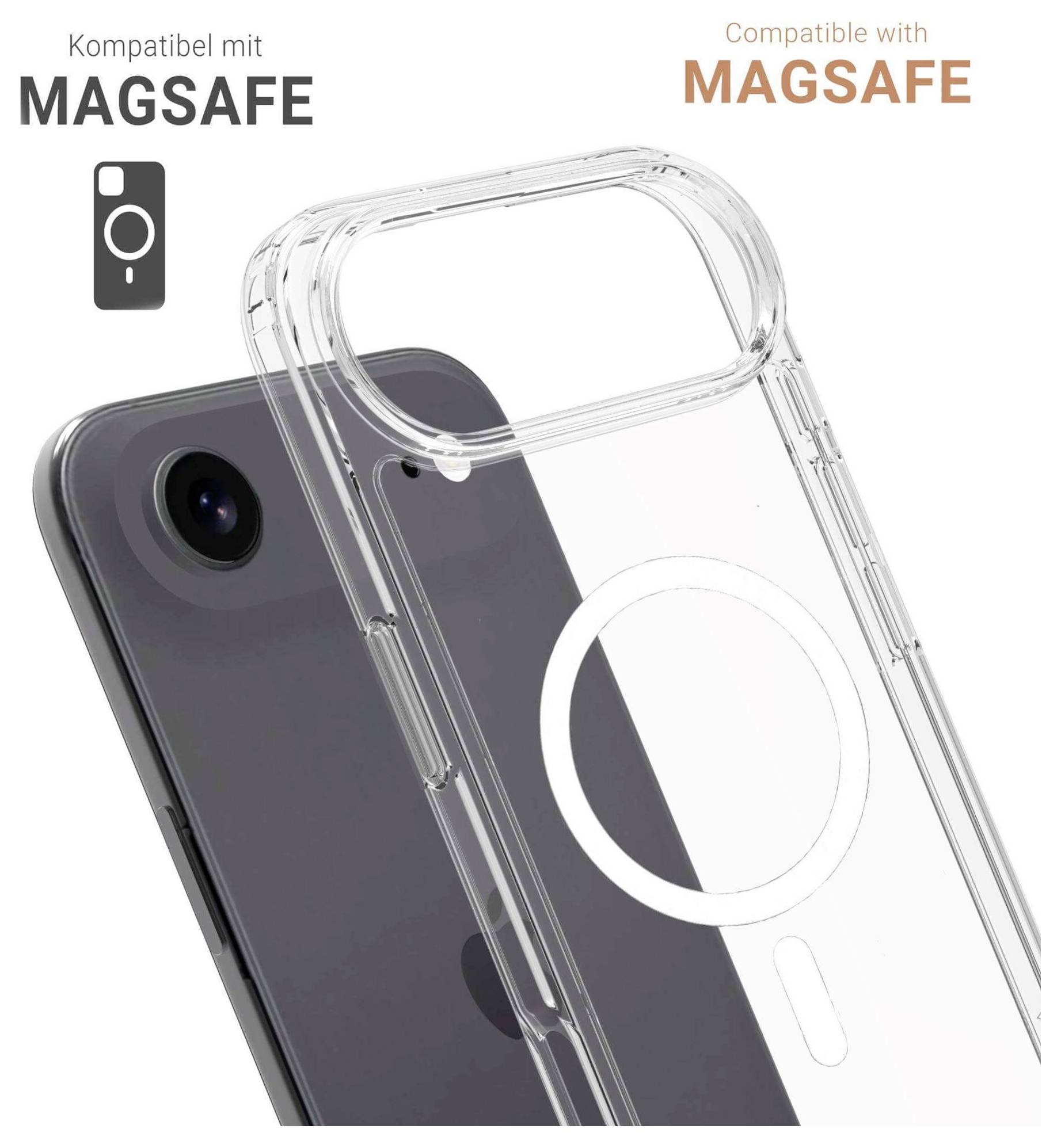 Handyhülle kompatibel mit MagSafe, zusammen mit einem Smartphone gezeigt. Die Hülle ist transparent mit einem kreisförmigen MagSafe-Design.