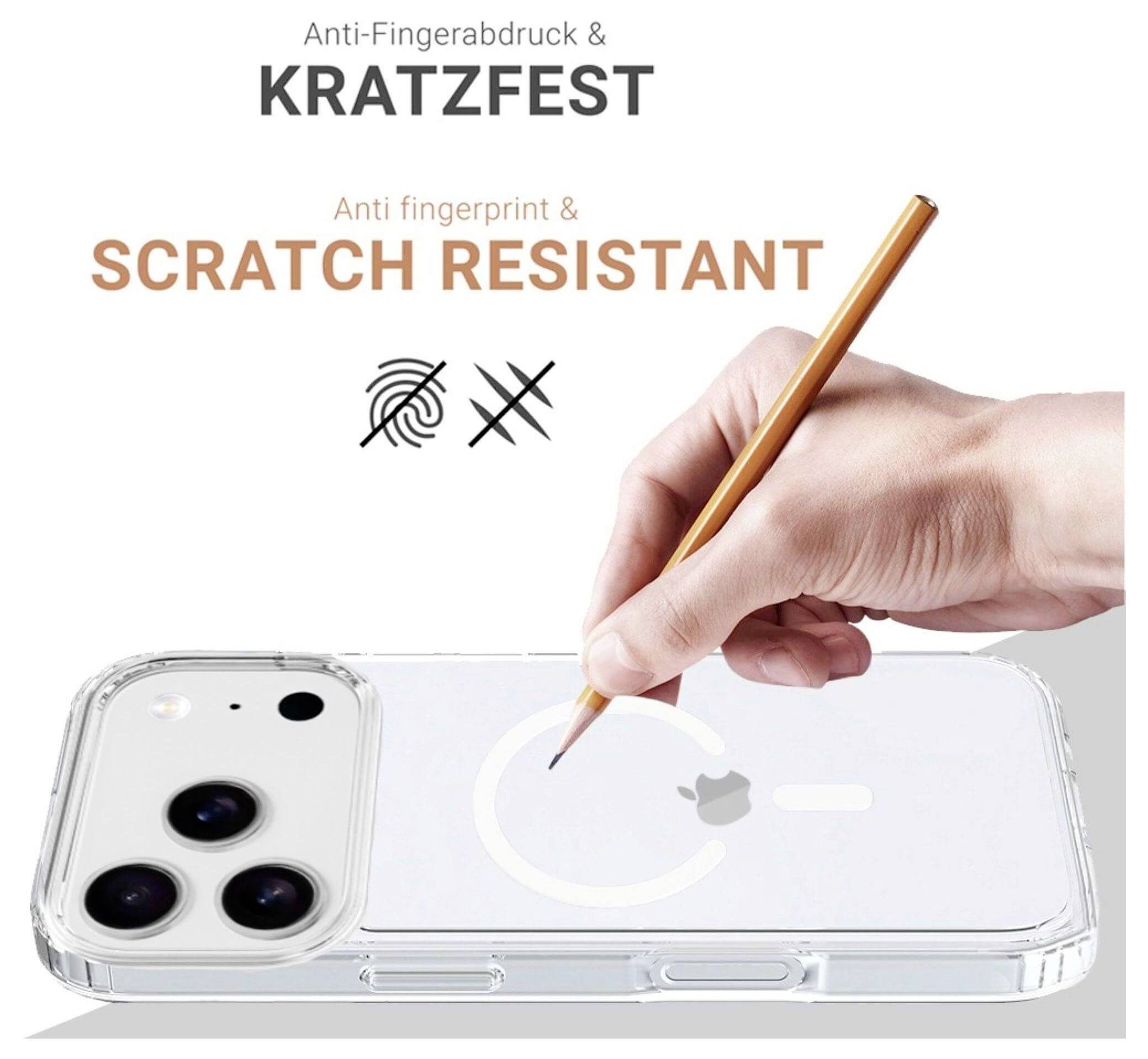 Eine Hand schreibt mit einem Bleistift auf eine transparente Handyhülle und demonstriert dabei deren 'Fingerabdruck- und Kratzfeste' Eigenschaften.