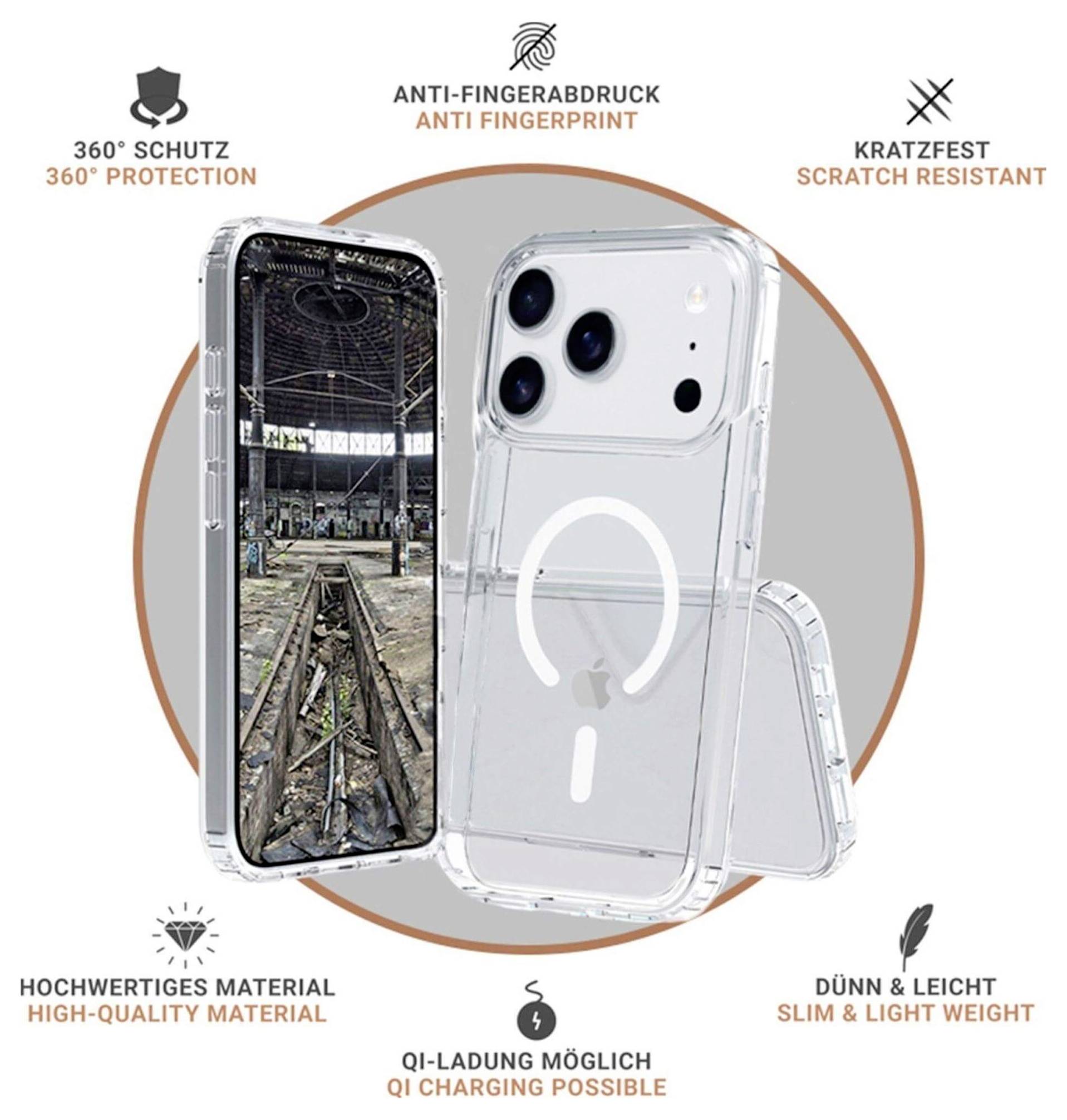 Transparente Handyhülle mit Anti-Fingerabdruck- und Kratzfestigkeitseigenschaften, die die QI-Ladefähigkeit und das leichte Design hervorheben.