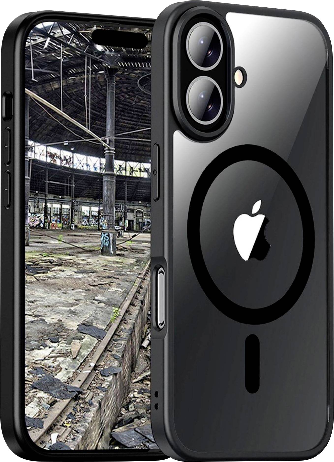 Ein Smartphone mit reflektierender Rückseite und kreisförmigem Design neben einem geöffneten Bild eines verlassenen, mit Graffiti bedeckten Industriegebäudes.