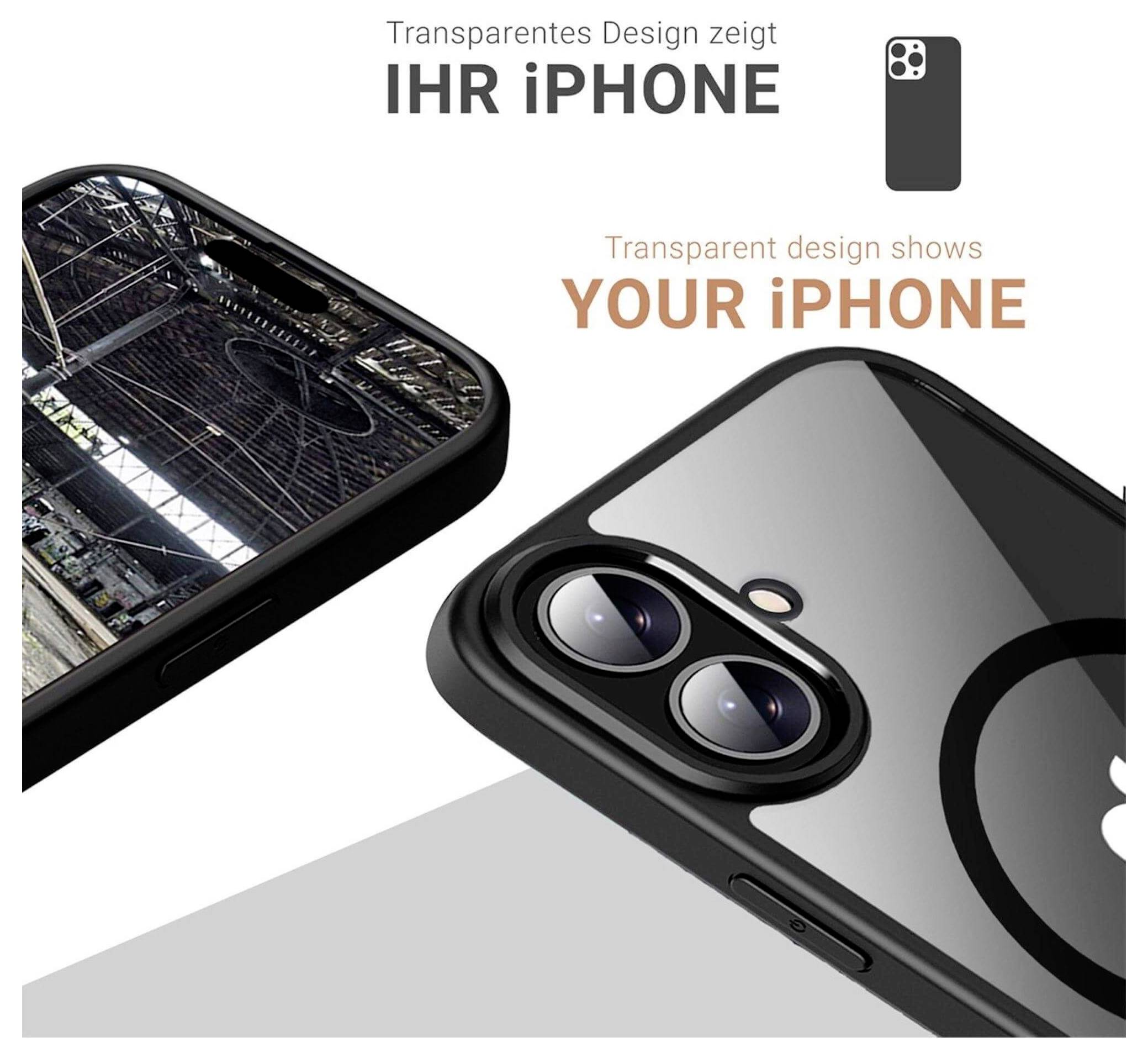 Transparente Hülle zeigt Ihr iPhone und hebt Design und Kameraausschnitt hervor.